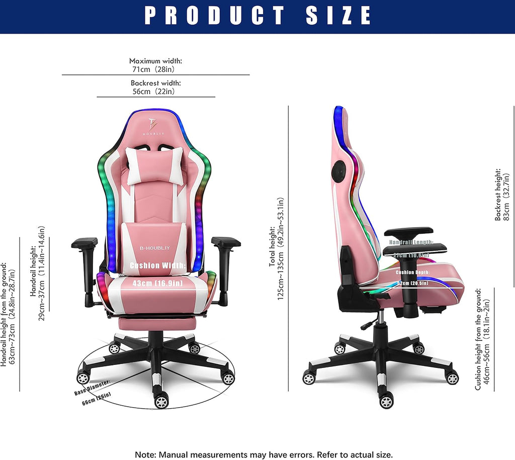 RGB LED Light Ergonomic Gaming Chair - Built-in Speakers, Full Body Massage, High-Back Office Recliner with Footrest - Comfortable Computer Chair Ideal for Adults and Teens.,Pink