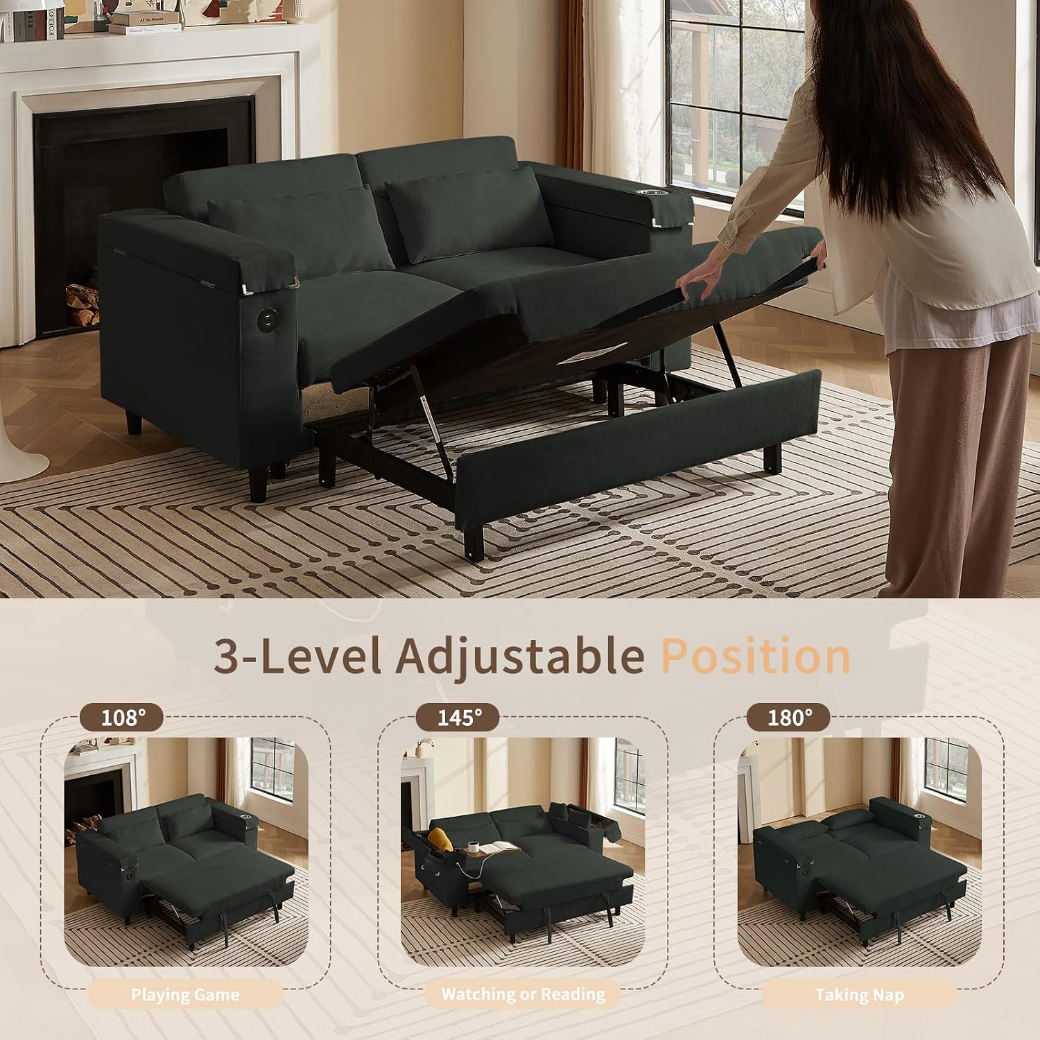 hansones 66' Multi-Functional Pull-Out Sofa Bed with Hidden Side Table, Storage Armrests, Built-in Charging Port, Spring Mattress, Solid Wood Frame – Ideal for Small Spaces, Easy Assembly