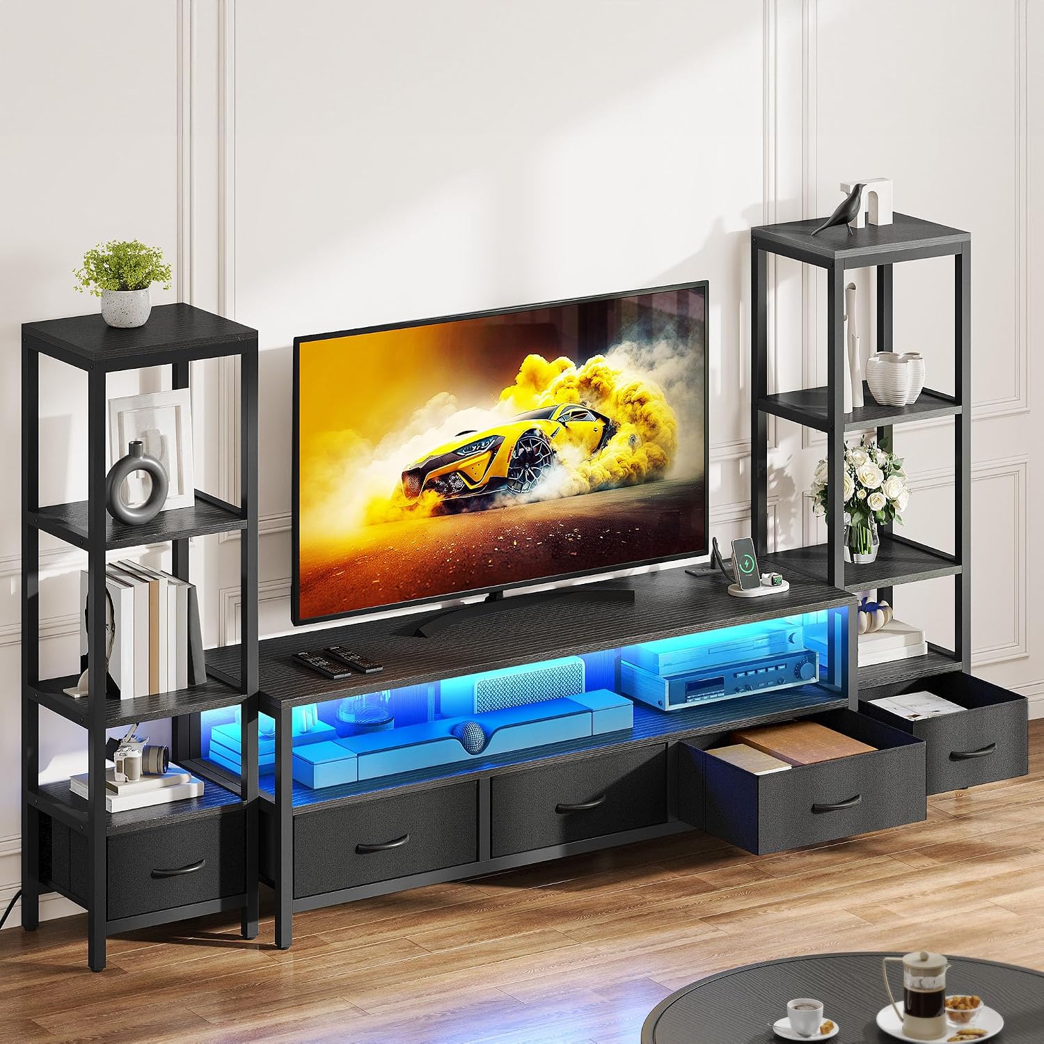 YITAHOME Modern TV Stands for 65 inch TVs, Entertainment Center with Drawers and Bookshelves, LED TV Console Cabinet with Power Outlets for Living Room, Black