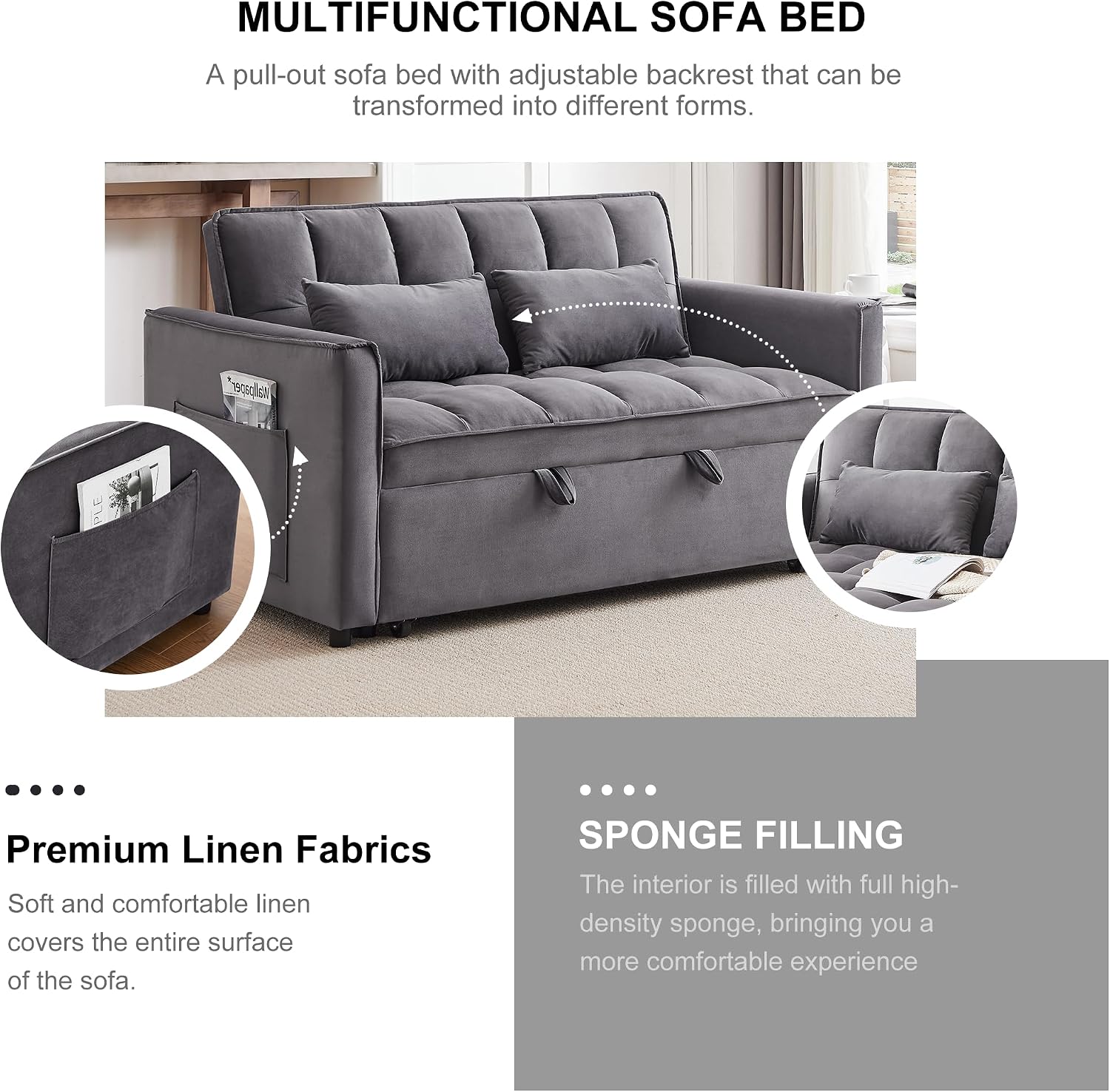 Oversized 3-in-1 Convertible Sleeper Sofa Bed, Futon Couch with Pullout Bed, 2-Seater Loveseat Sofa w/Pockets, Adjustable Backrest and Pillows for Living Room Apartment (55INCH-Dark Gray)