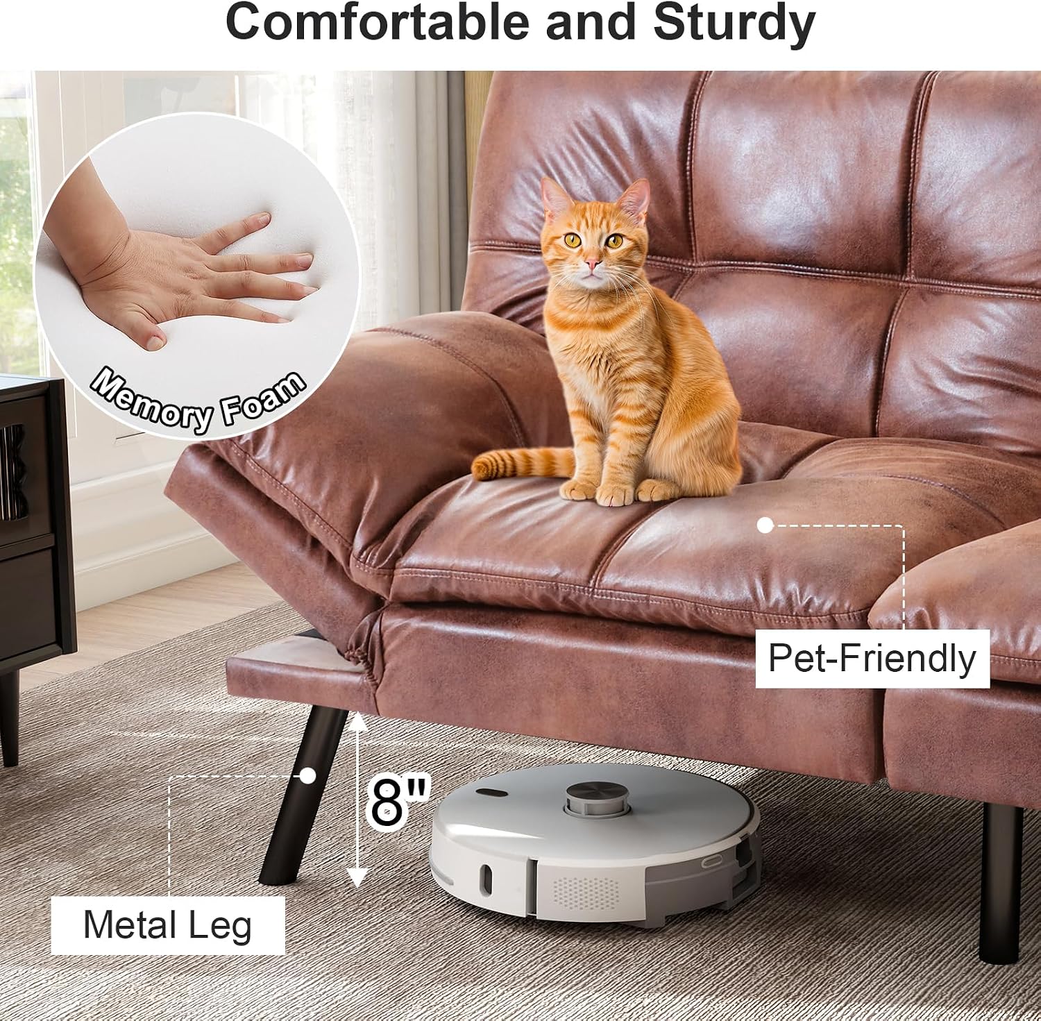 MUUEGM Futon Sofa Bed Cognac Memory Foam Small Loveseat Sleeper Sofa with Adjustable Backrest Removable Armrests for Small Space Office Couch,Living Room,Apartment