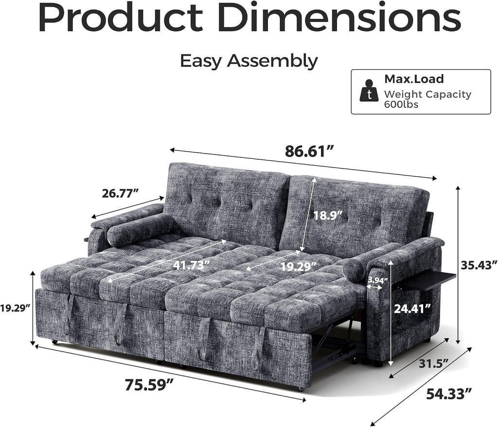 Convertible Sleeper Sofa Bed, 86 Inch Chenille Pull Out Couch with Side Table & Adjustable Backrest, Sectional Sleeper Sofa with Pull Out Bed for Living Room, Apartment, Gray