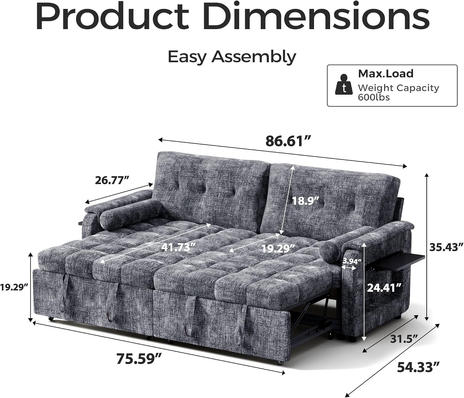 Convertible Sleeper Sofa Bed, 86 Inch Chenille Pull Out Couch with Side Table & Adjustable Backrest, Sectional Sleeper Sofa with Pull Out Bed for Living Room, Apartment, Gray