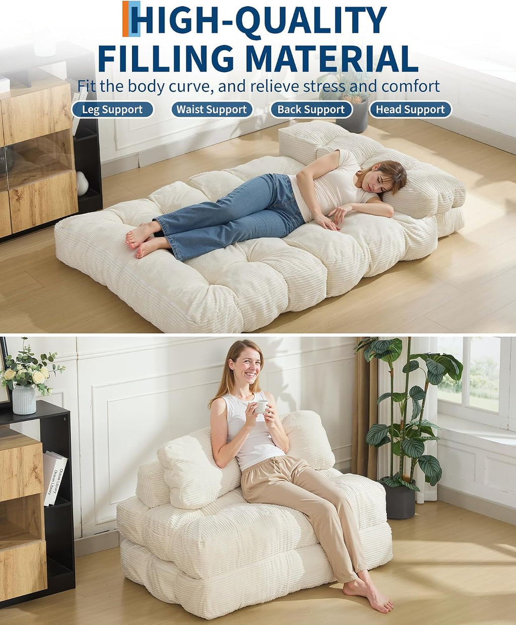 Folding Sofa Bed, 3-in-1 Convertible Sleeper Chair with Pillow, Double Futon Couch Bed with Back Support, Portable Fold Out Chair Bed Comfy Floor Sofa Lounge for Living Room Bedroom, Beige