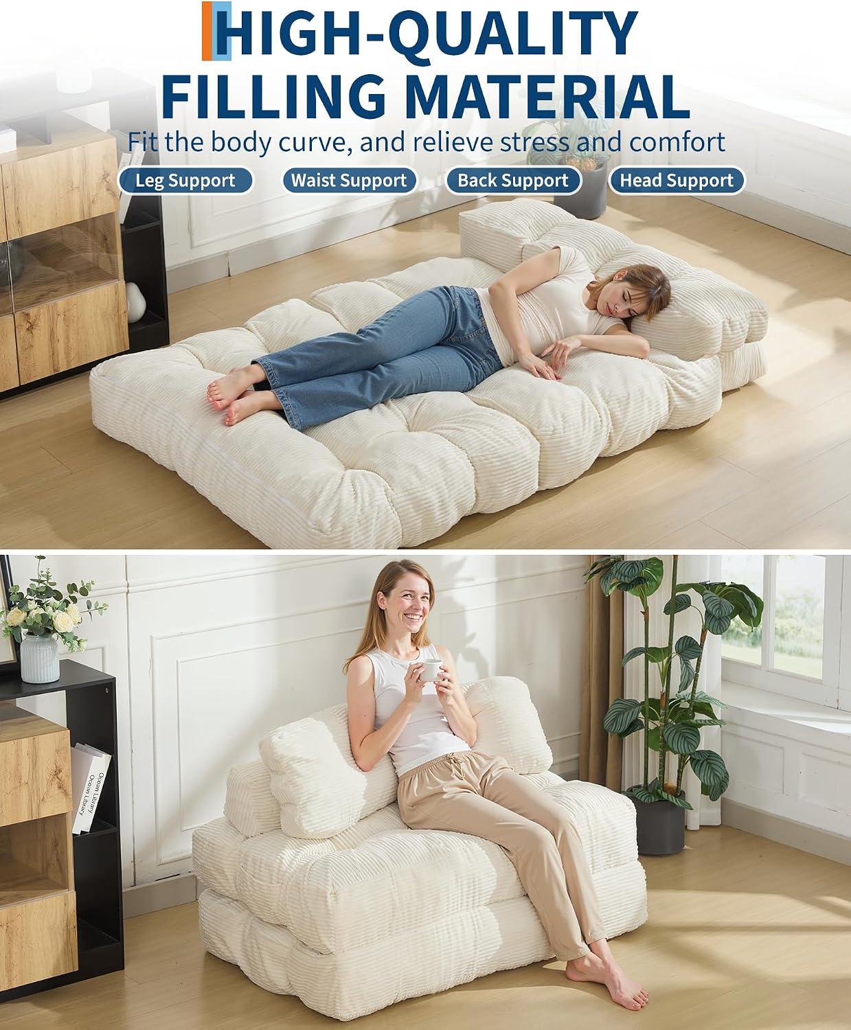 Folding Sofa Bed, 3-in-1 Convertible Sleeper Chair with Pillow, Double Futon Couch Bed with Back Support, Portable Fold Out Chair Bed Comfy Floor Sofa Lounge for Living Room Bedroom, Beige