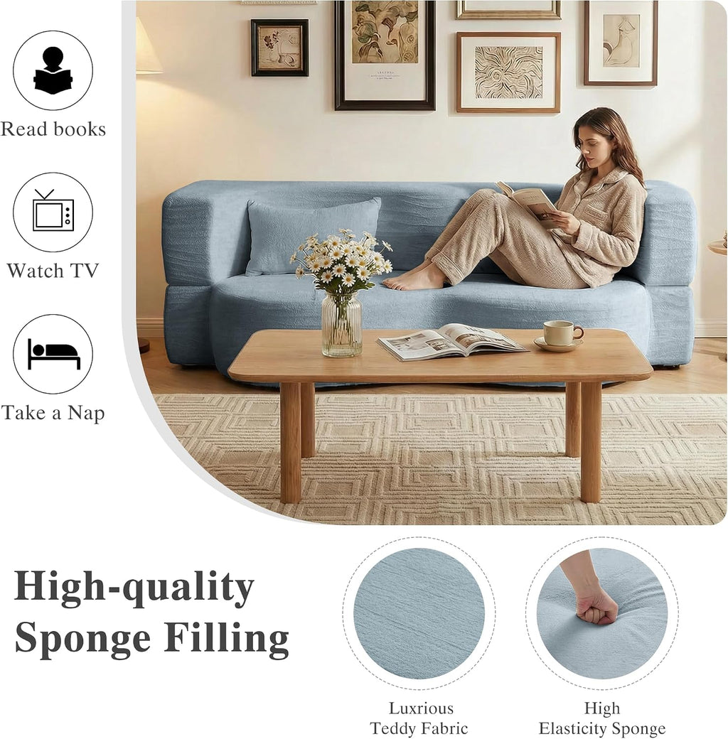 2-in-1 Convertible Sofa,78 Inch Pull Out Sofa Folding Sofa Bed with 2 Pilow Lazy Sofa, Teddy Loveseat Sleeper Floor Sofa for Apartment Children's Room Bedroom Living Room (Teddy, Light Blue)