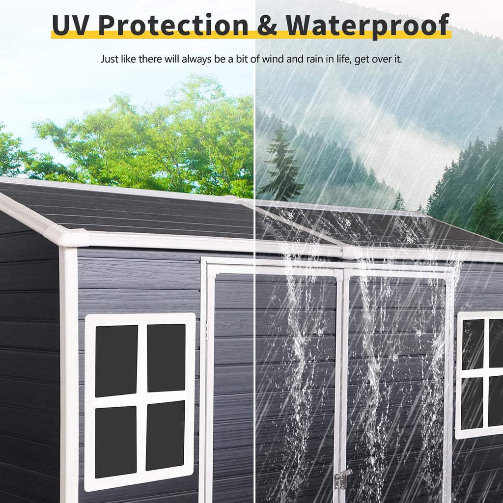 Extrastar 8x4FT Outdoor Storage Shed: Heavy-Duty Resin Shed with Double Doors, Built-in Floor, Windows & Air Weatherproof for Garden, Yard, Patio (Black, 8x4FT)