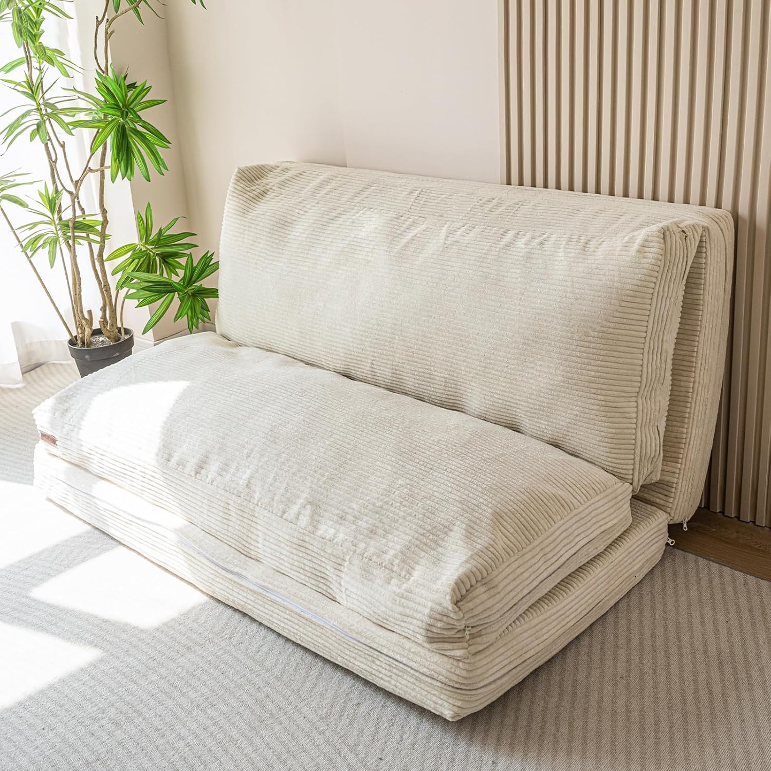 MAXYOYO Folding Sofa Bed, Floor Sofa Convertible Sleeper Chair with Washable Cover, Floor Couch Lounge Bean Bag Chair Bed for Living Room, Beige, 30x95 Inch