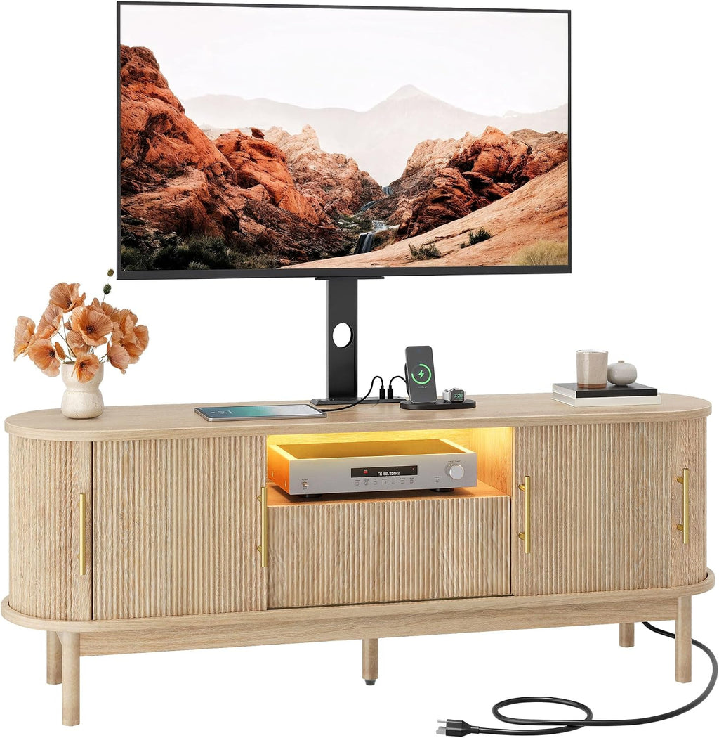YITAHOME Fluted TV Stands for Living Room with Mount, Modern Entertainment Center for 32-70 inch TVs, LED Curved TV Stand with PowerOutlets & LED Light, Curved Profile Design, Natural Oak