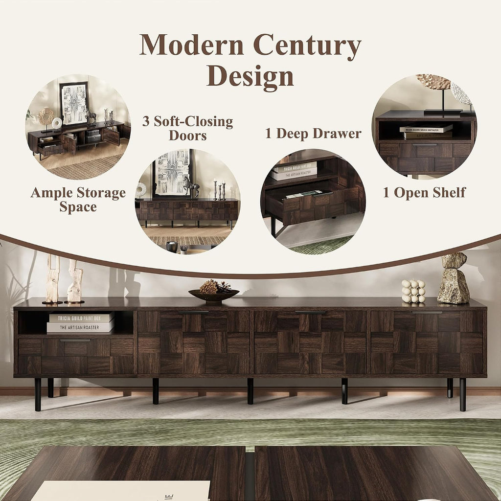 Merax 78' TV Stand for TVs Up to 85', Modern Entertainment Center with Drawer, 3 Doors, and Open Space, Media Console with Unique Mosaic Front Design for Living Room