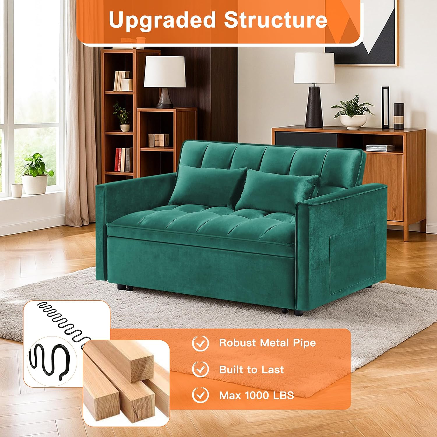 3 in 1 Convertible Sleeper Sofa Bed,Futon Pull Out Couch with Adjustable Backrest,Velvet Fabric Loveseat Sofa with Side Pocket for Bedroom, Living Room