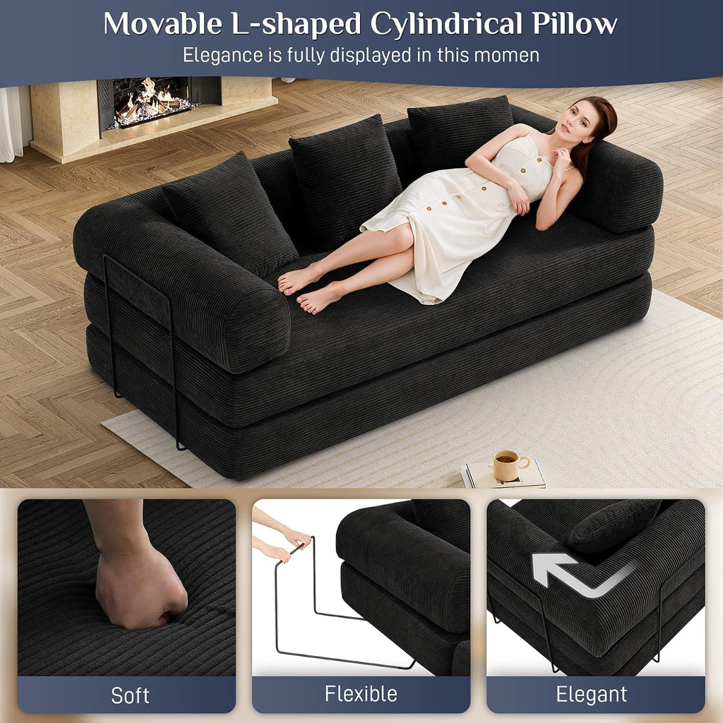 DAMAIFROM Convertible Sleeper Sofa Bed with Cylindrical Pillow,Corduroy Folding Mattress Couch with Fixed-Shape Frame,Modular Floor Sofa Lounge Couch for Living Room Bedroom Lounge,80',Black