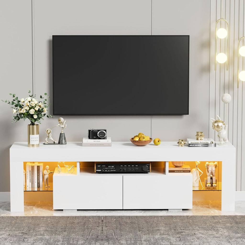 YESHOMY Modern LED TV Stand for Televisions up to 70 Inch with Glass Shelves and Drawer, Gaming Entertainment Center with Multiple Dynamic RGB Modes, for Livingroom, Bedroom, 60 Inch, White