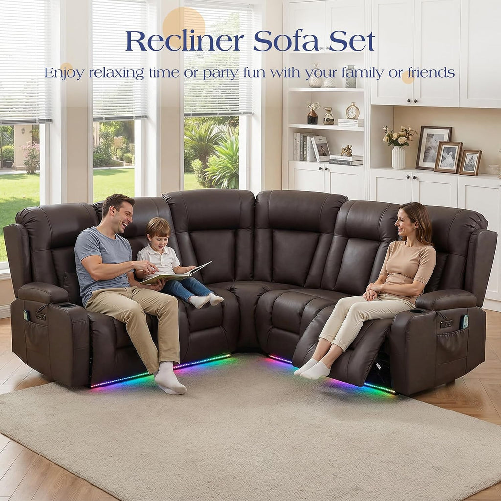 TUNYI Power Loveseat Recliner Sofa with Massage & Heat Home Theater Seating with Console RV Recliner Loveseat Sofa with USB/Storage/Side Pocket/LED Light/Speaker (Light Brown, 4 Seat with Corner)