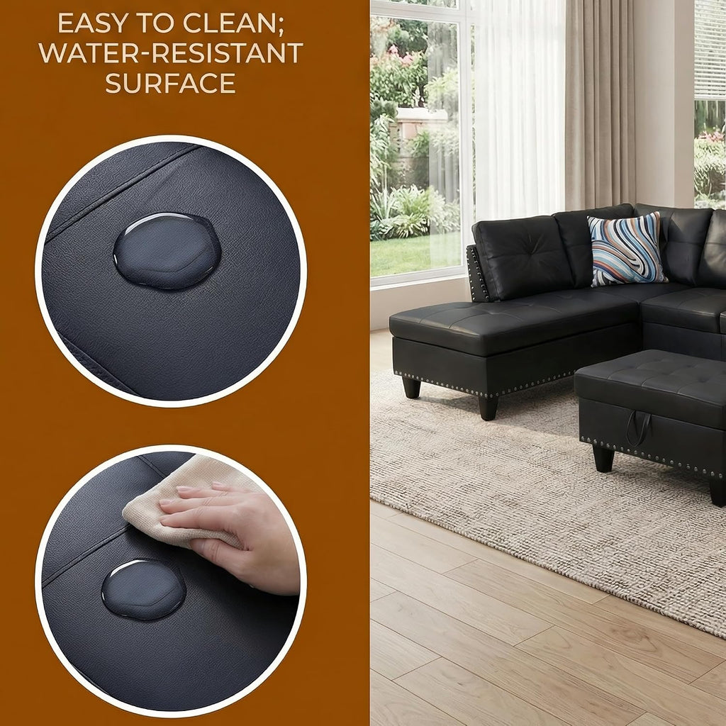 Leather 3-Piece L-Shaped Sectional Sofa with Storage Ottoman & Movable Chaise - Modular Convertible Couch for Living Room, Bedroom & Small Apartment, Jet Black