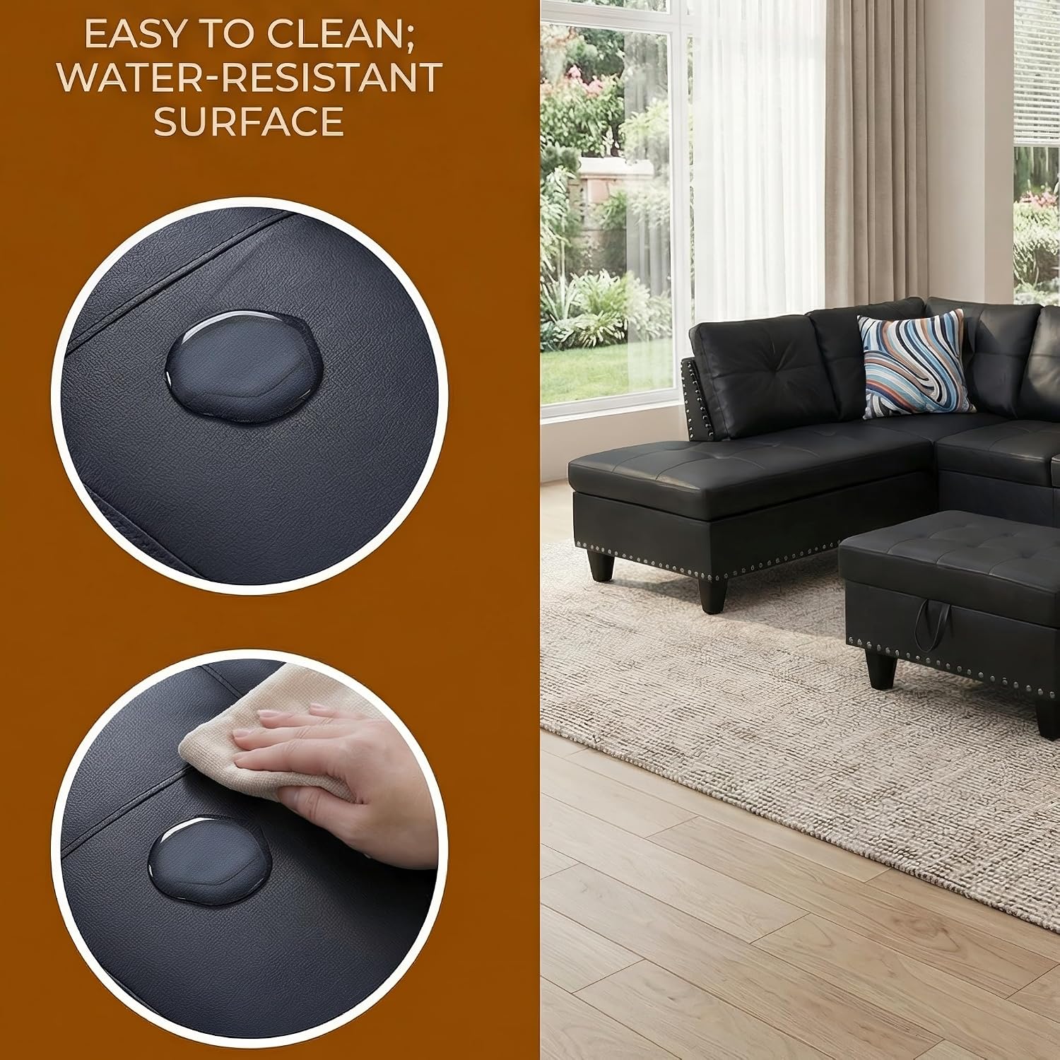 Leather 3-Piece L-Shaped Sectional Sofa with Storage Ottoman & Movable Chaise - Modular Convertible Couch for Living Room, Bedroom & Small Apartment, Jet Black