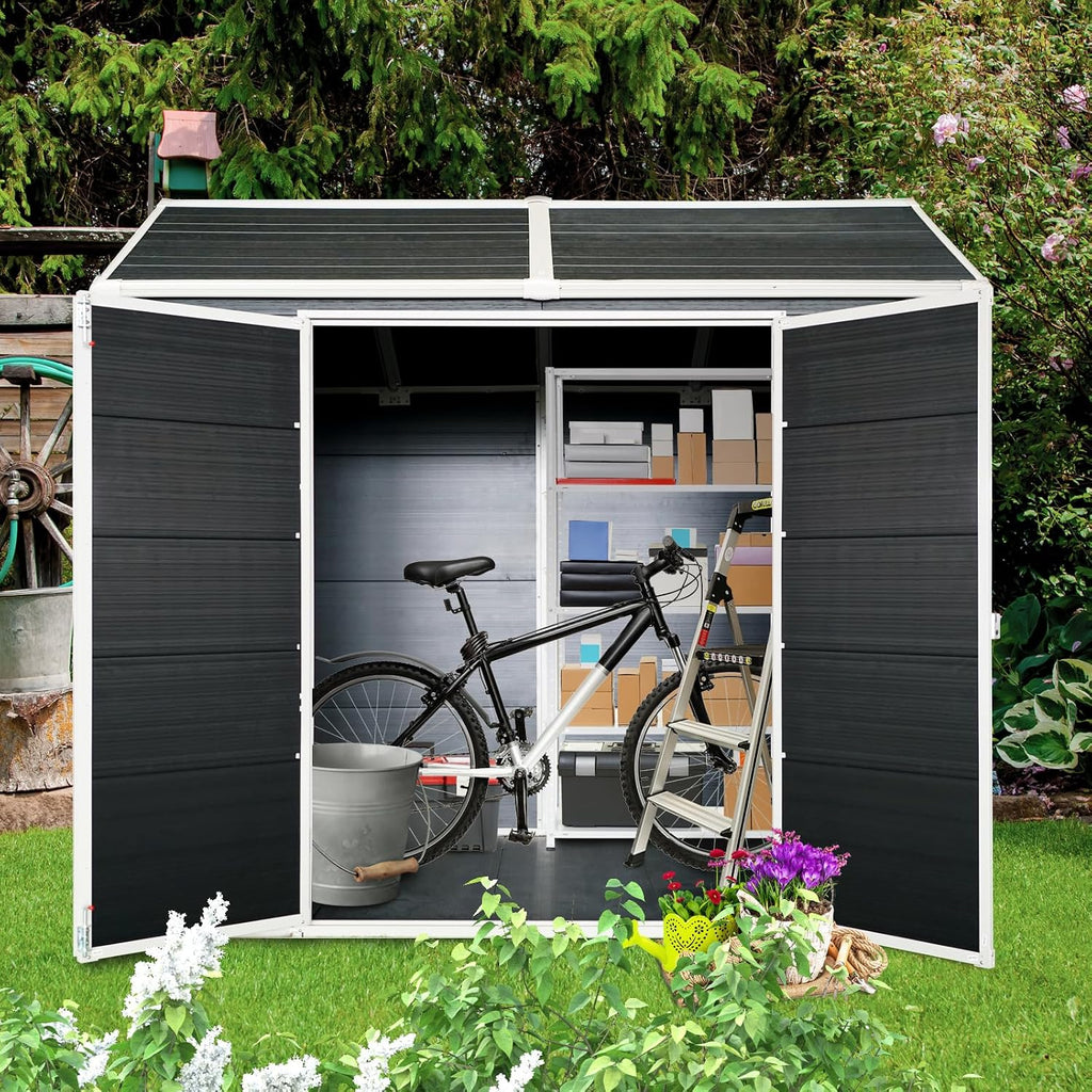 Extrastar 8x4FT Outdoor Storage Shed: Heavy-Duty Resin Shed with Double Doors, Built-in Floor, Windows & Air Weatherproof for Garden, Yard, Patio (Black, 8x4FT)