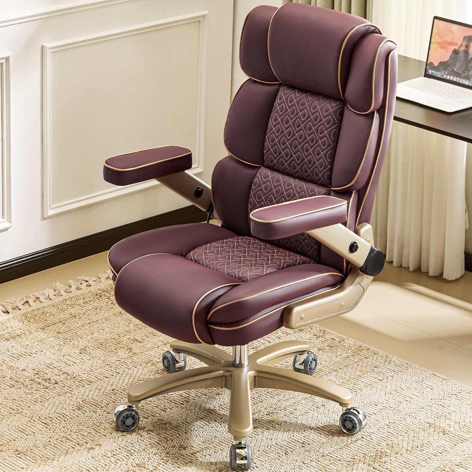 Heavy Duty Executive Leather Chair, Big and Tall Office Chair 500lbs with 5D Flip-up Armrests, Comfortable Seat, Adjustable Lumbar, High Back, Large Computer Desk Chair for Home Office, Brown