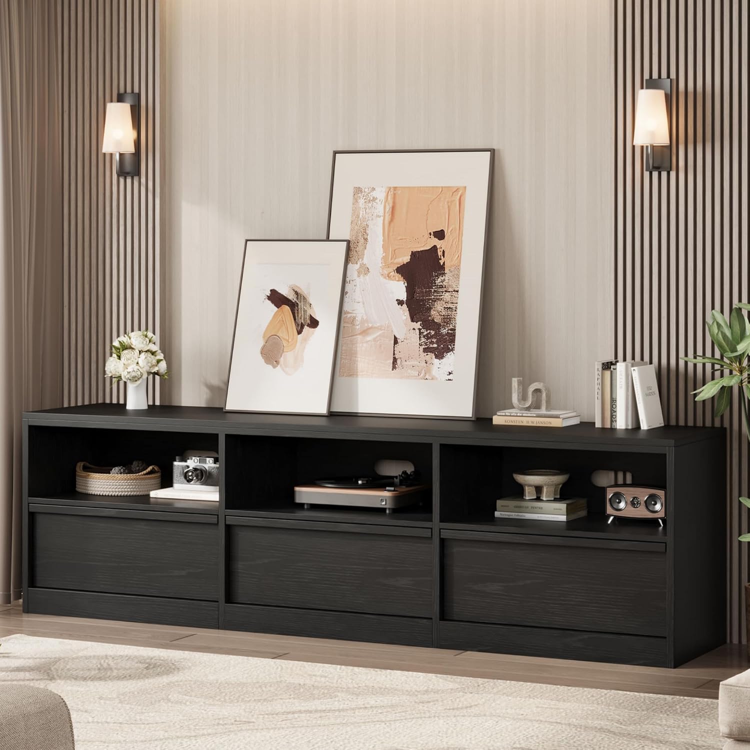 IDEALHOUSE 70 inch TV Stand for 80' TVs, Mid Century Modern Entertainment Center with Storage Drawer & Open Shelves, Wood Media Console Cabinet for Living Room/Bedroom, Black