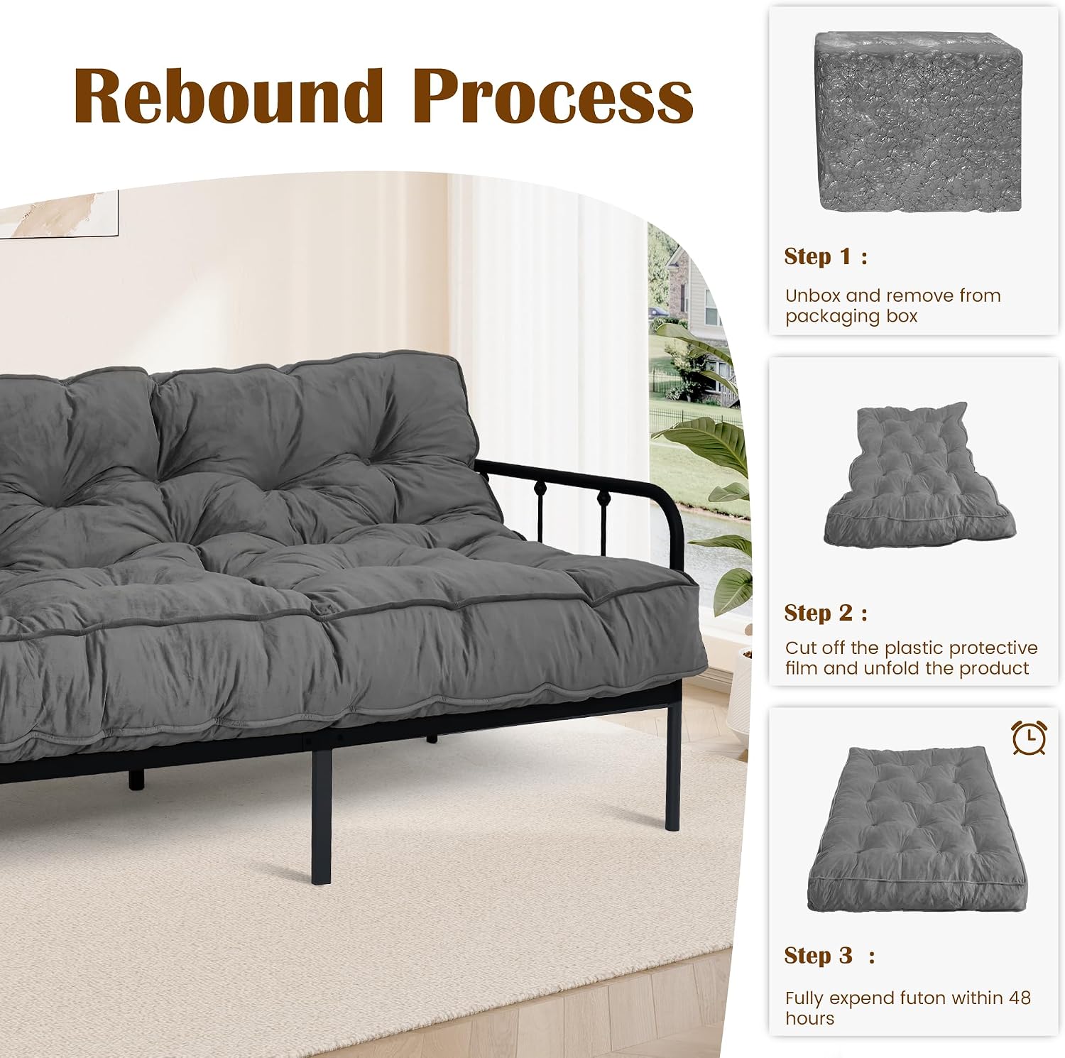 8' Futon Mattress Full Size 54' x 80', Thick Futon Sofa Couch Bed for Adults, Velvet Floor Futon Mattress Shredded Foam Filling, Tatami Sleeping Mat for Camping, Dorm, Dark Gray(Frame Not Included)