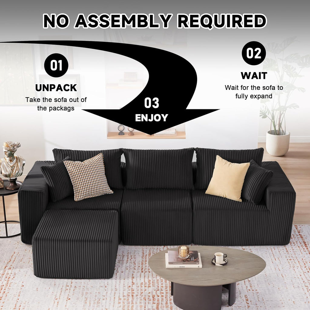 Weture 107.4' Cloud Couch Sectional, Modular Sofa with Deep Seat, Plush Corduroy L Shaped Boneless Couch, Convertible Sectional Couches for Living Room, 4Seat, Black
