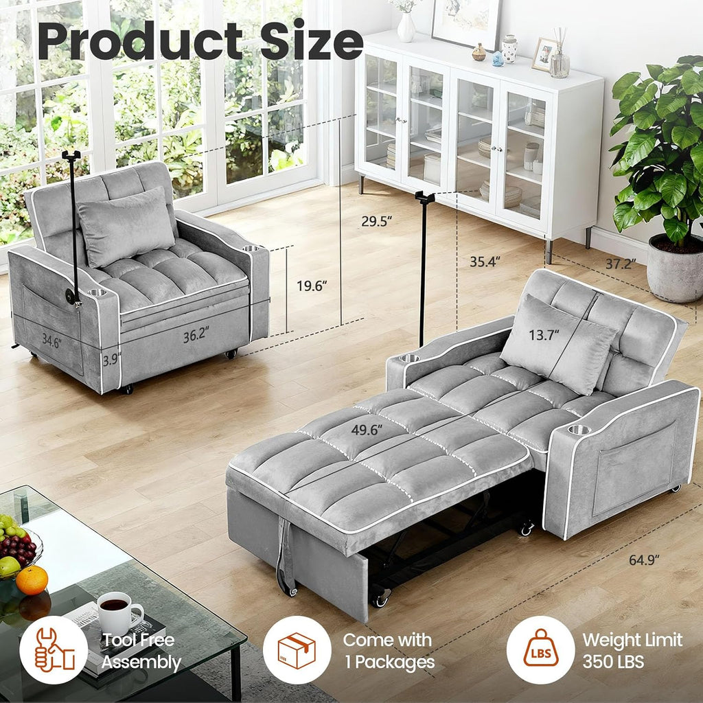 Sleeper Chair, Pull Out Chair Sleeper with Bracket and Cup Holder, Single Convertible Chairs Bed Sleepers for Adults, 3 in 1 Sofa Bed Chairs for Small Spaces, Living Room, Gray