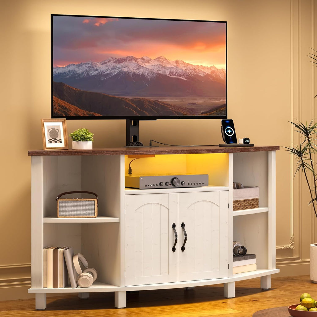 YITAHOME Corner TV Stand with Mount for Living Room, Led Entertainment Center with Storage & Power Outlets, Farmhouse TV Stand for 70 Inch TV, Walnut & Warm White