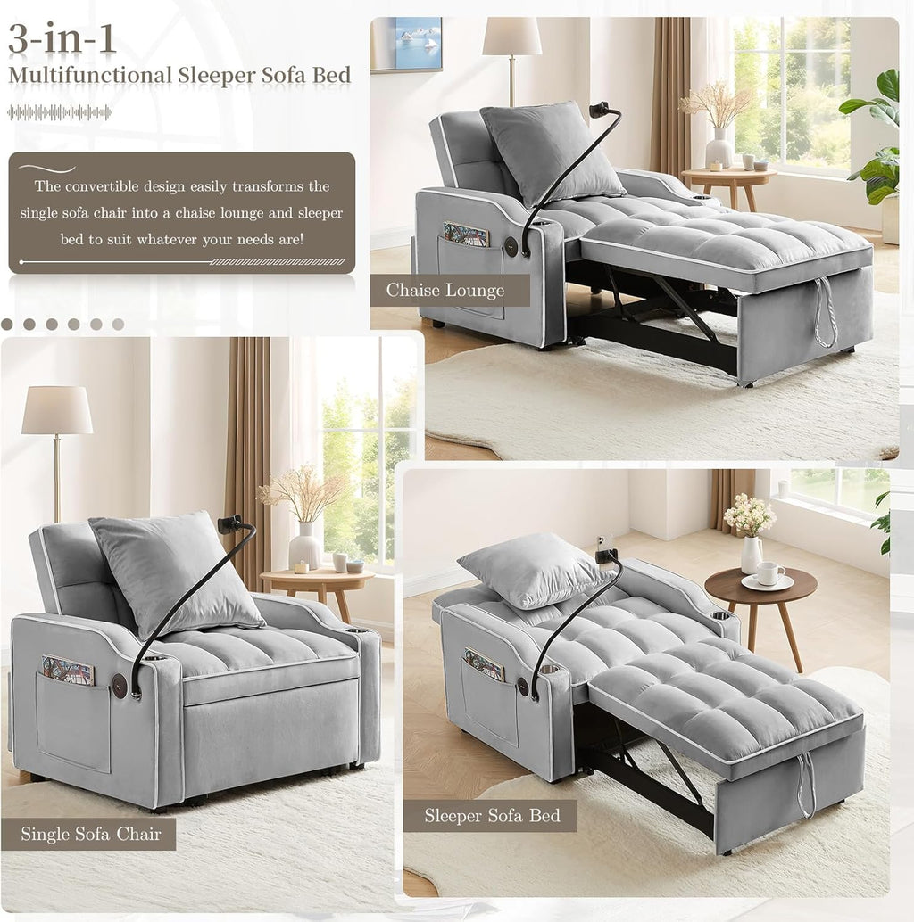 Convertible Sleeper Sofa Chair Bed, 3 in 1 Velvet Single Small Futon Sofa Bed with Phone Holder & USB Ports,Pull Out Couch Recliner with Adjustable Backrest for Living Room, Office, Small Place(Grey)