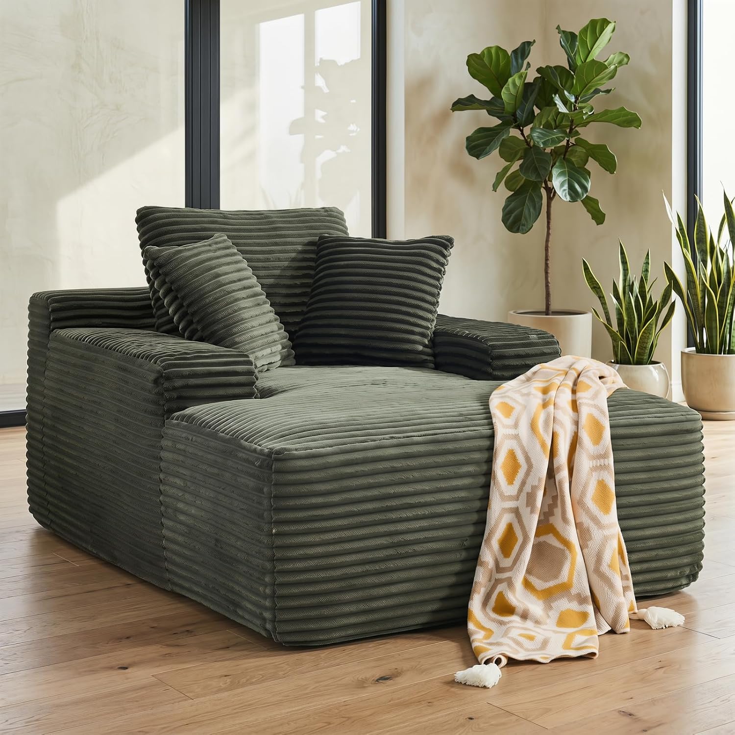 Oversized Boneless Chaise Sofa Bed, Corduroy Chaise Lounge Chair Indoor with Storage Pockets, Upholstered Cloud Sleeper Chair Bed for Small Space, Living Room, Bedroom, Apartment,Green