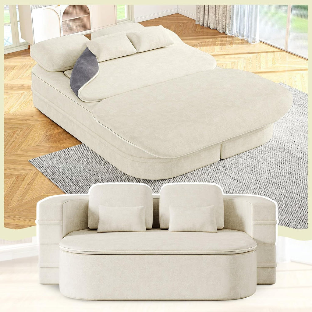 Antetek Convertible Sleeper Sofa, Modern Folding Futon Chenille Floor Foam Compression Loveseat Sofa Bed Couch, Foldable Full-Size Guest Bed with 4 Pillows for Living Room Bedroom Apartment, Beige