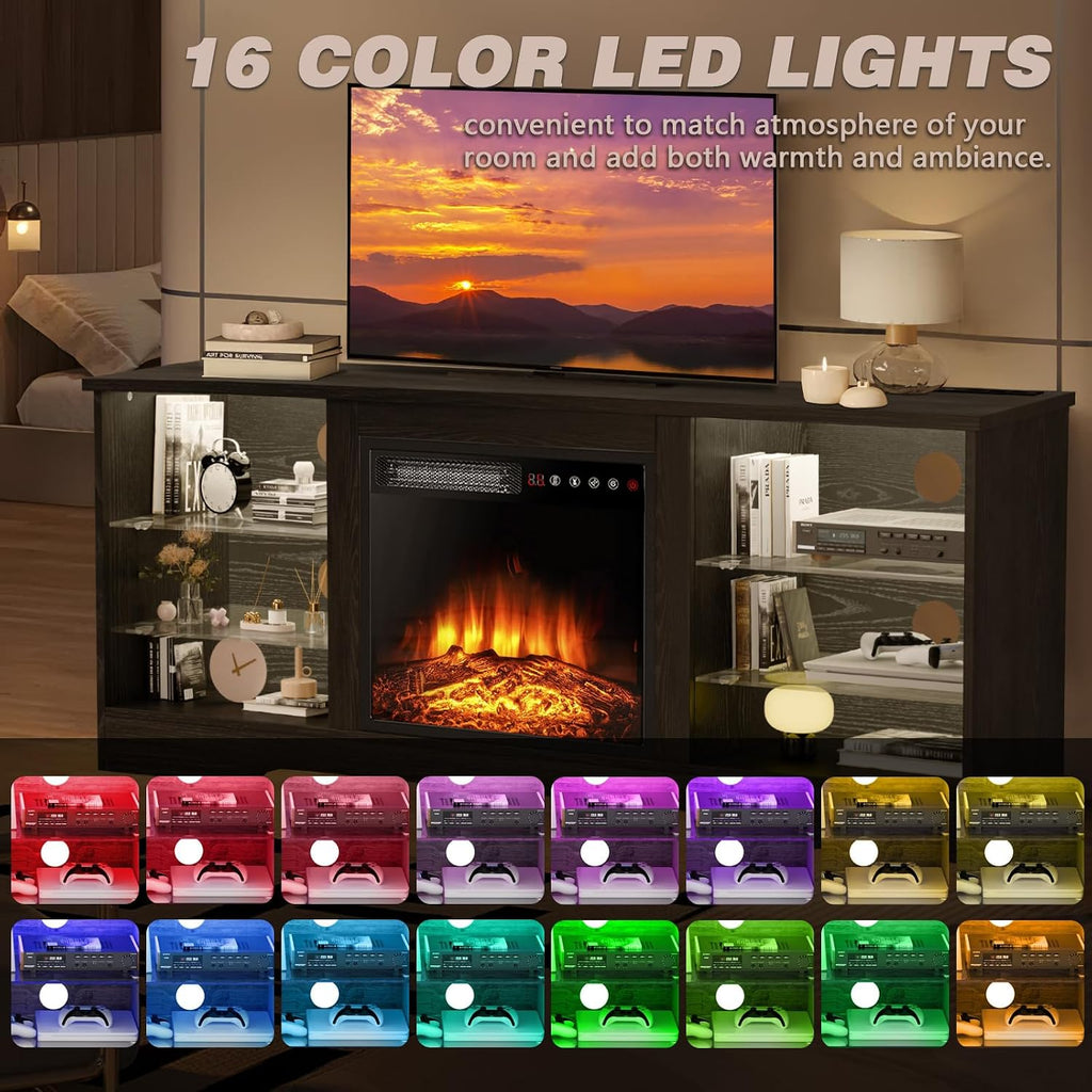 LEMBERI 58 Inches Fireplace TV Stand for TVs up to 65 Inches Console with 18'' Electric Fireplace & Remote, Wooden Modern Entertainment Center for Living Room with LED Light Glass Shelves (Black)