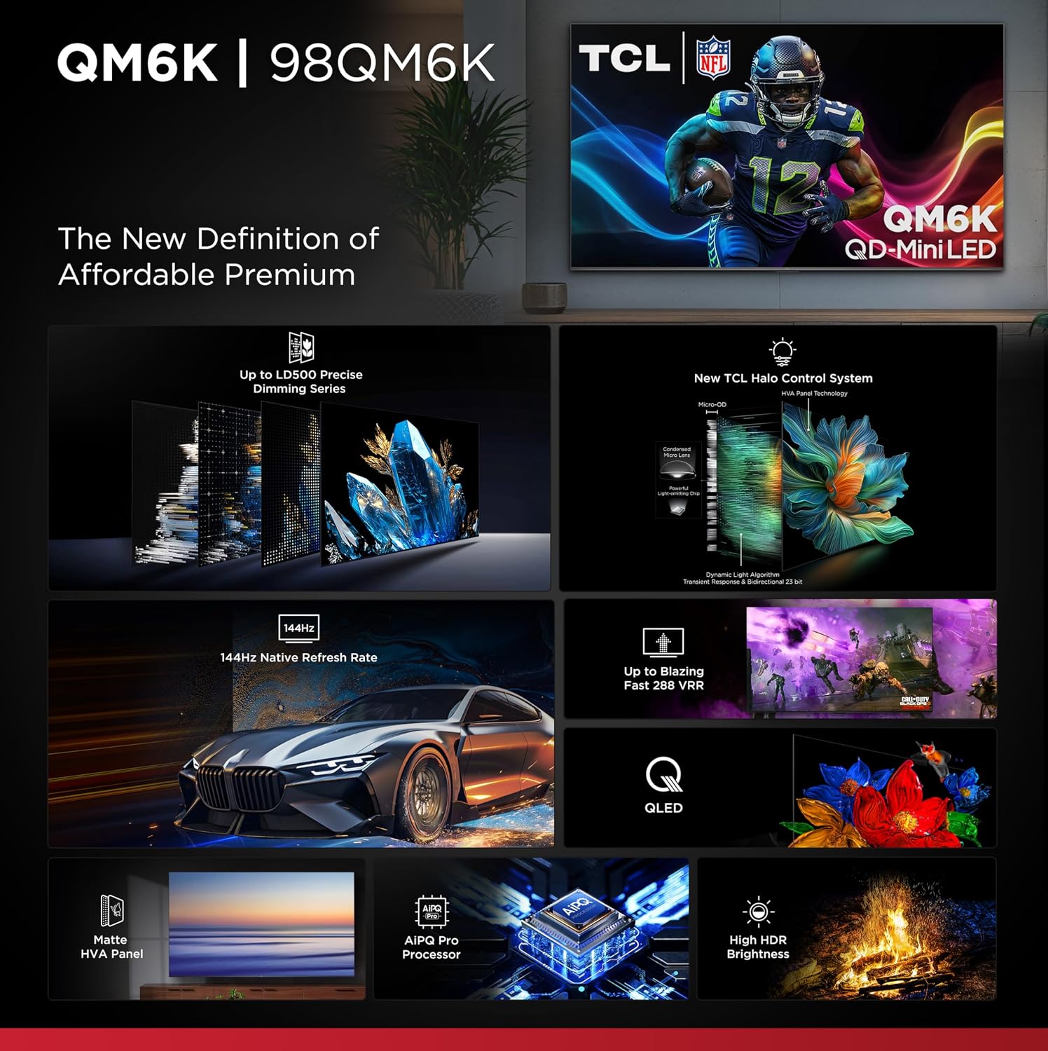TCL 98 Inch Class QM6K Series | Mini LED QLED 4K HDR | 98QM6K, 2025 Model | 120HZ-144HZ High Brightness Smart Google TV Dolby Atmos Onkyo Audio | Voice Remote Alexa Gaming Streaming Television