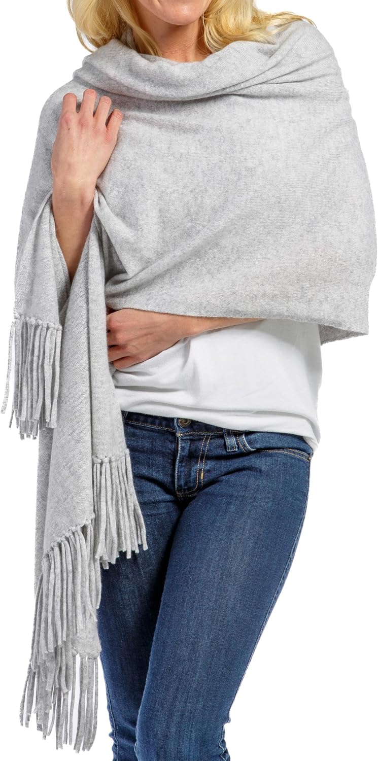 Fishers Finery Women's 100% Cashmere Knit Shawl Wrap with Fringe | Oversized 78' long by 28' wide