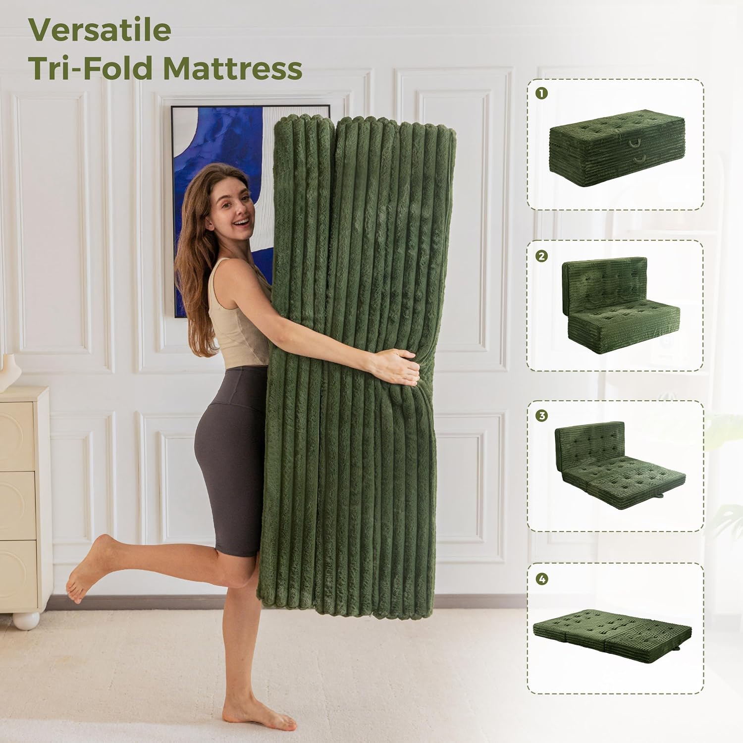 MAXYOYO Folding Sofa Couch Bed, 6 Inch Tri-Fold Floor Sofa Bed, Folding Mattress with Handles, Soft Faux Fur Folding Bed with Supportive Foam Filling, Portable Couch for Living Room, Queen, Dark Green