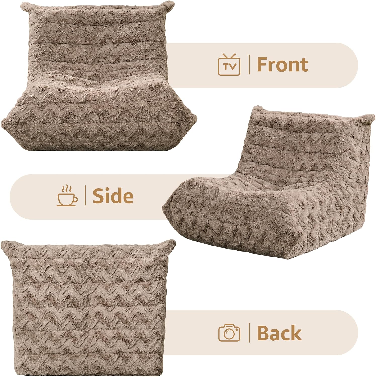 Bean Bag Chairs for Adults Giant Bean Bag Chair Memory Foam BeanBag Chair Bean Bag Sofa with Filler Faux Fur Fireside Beanbags Lazy Sofa for Living Room Bedroom Office (Brown Chevron, Single)