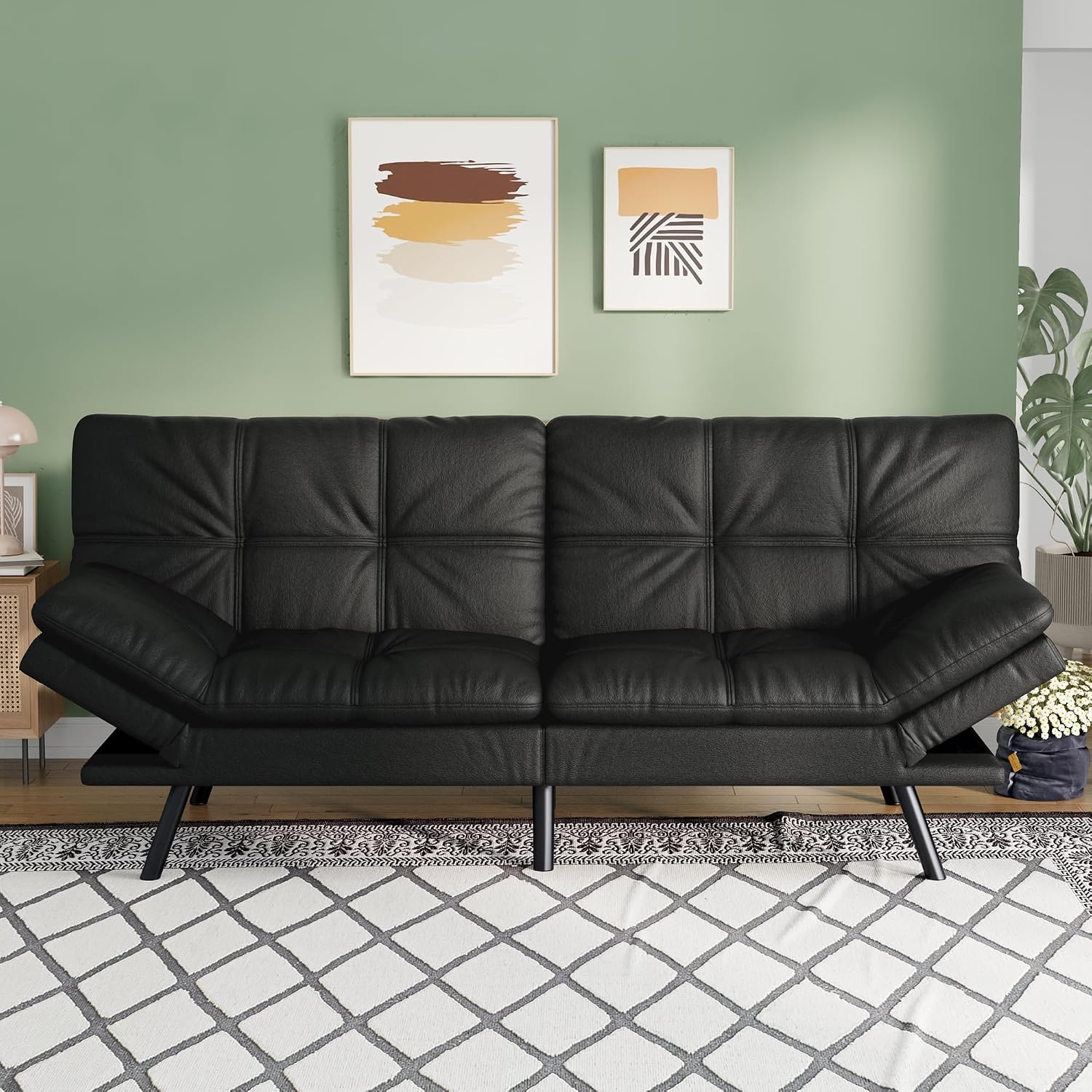 Opoiar 71' L Covertible Futon Sofa Bed,Faux Leather Futon Couch, Memory Foam Modern Loveseat Sleeper, Small Splitback Sofa Couches for Living Room,RV,Home Office,Apartment,Matte Black