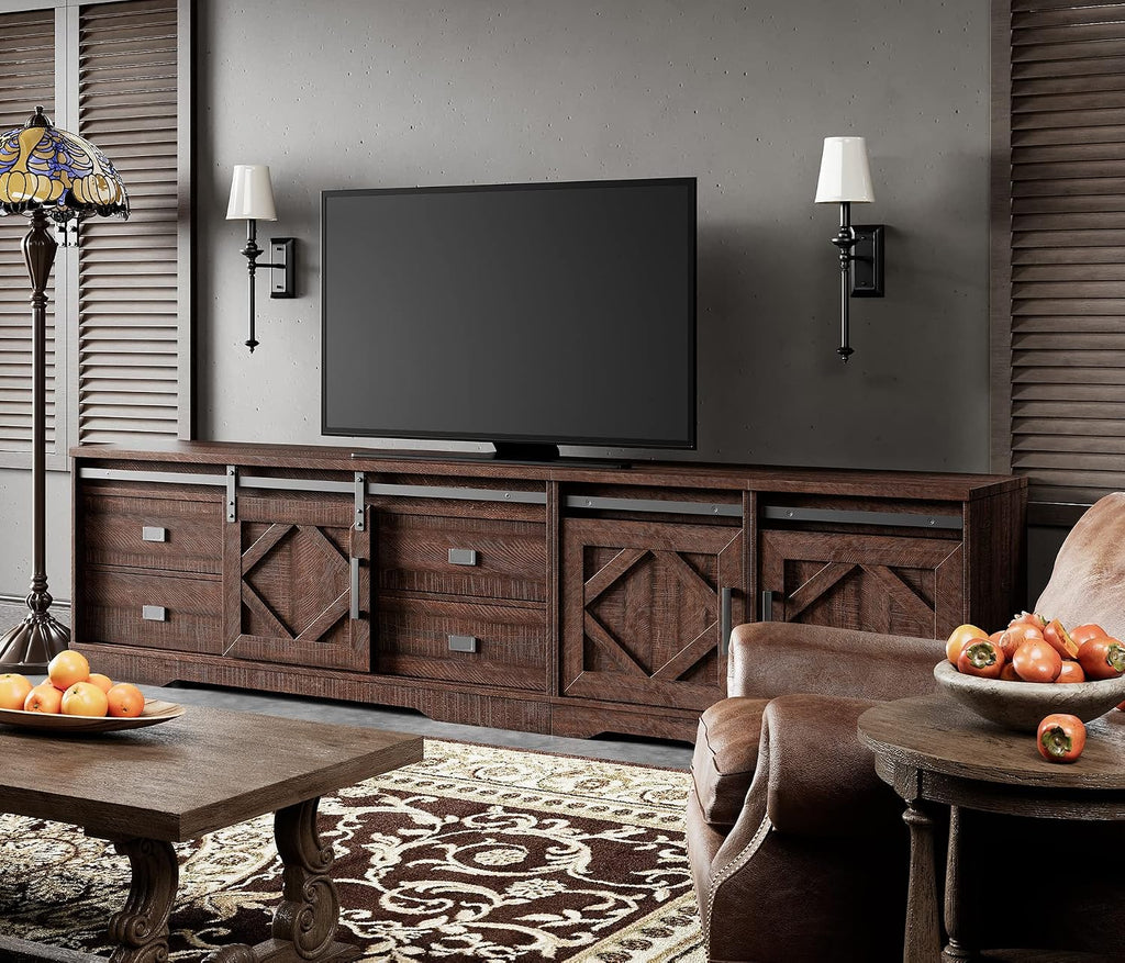 WAMPAT 98' Wide Farmhouse TV Stand for up to 110' TV, 3-in-1 Rustic Wood Entertainment Center with Drawers and Cube Cabinets for Living Room, Faux Bark Finish, Rustic Brown