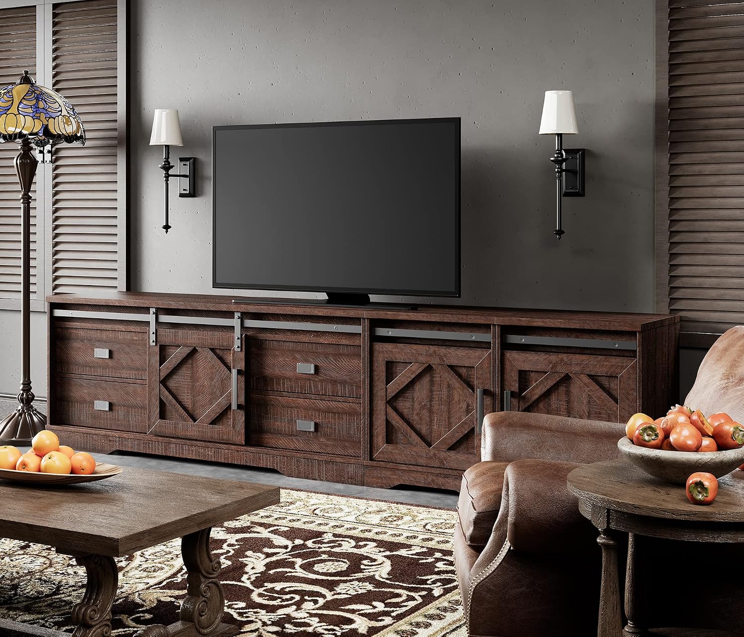 WAMPAT 98' Wide Farmhouse TV Stand for up to 110' TV, 3-in-1 Rustic Wood Entertainment Center with Drawers and Cube Cabinets for Living Room, Faux Bark Finish, Rustic Brown