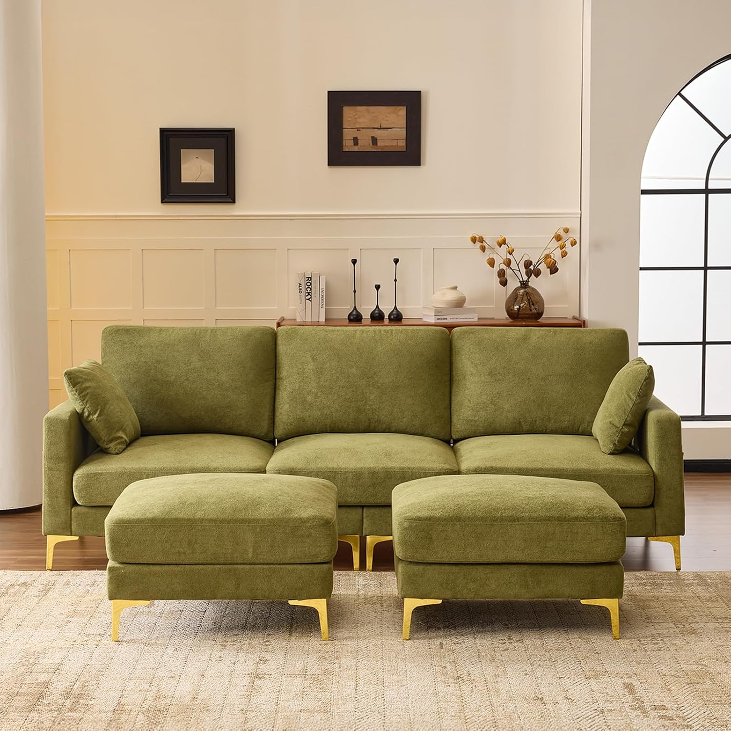 VINGLI 100' W U Shaped Couch with Ottoman, 22' Deep Seat Comfortable Sectional Couches for Living Room, 3 Seater Chenille Fabric Cloud Sofa for Apartment, Small Spaces, Bedroom, Green