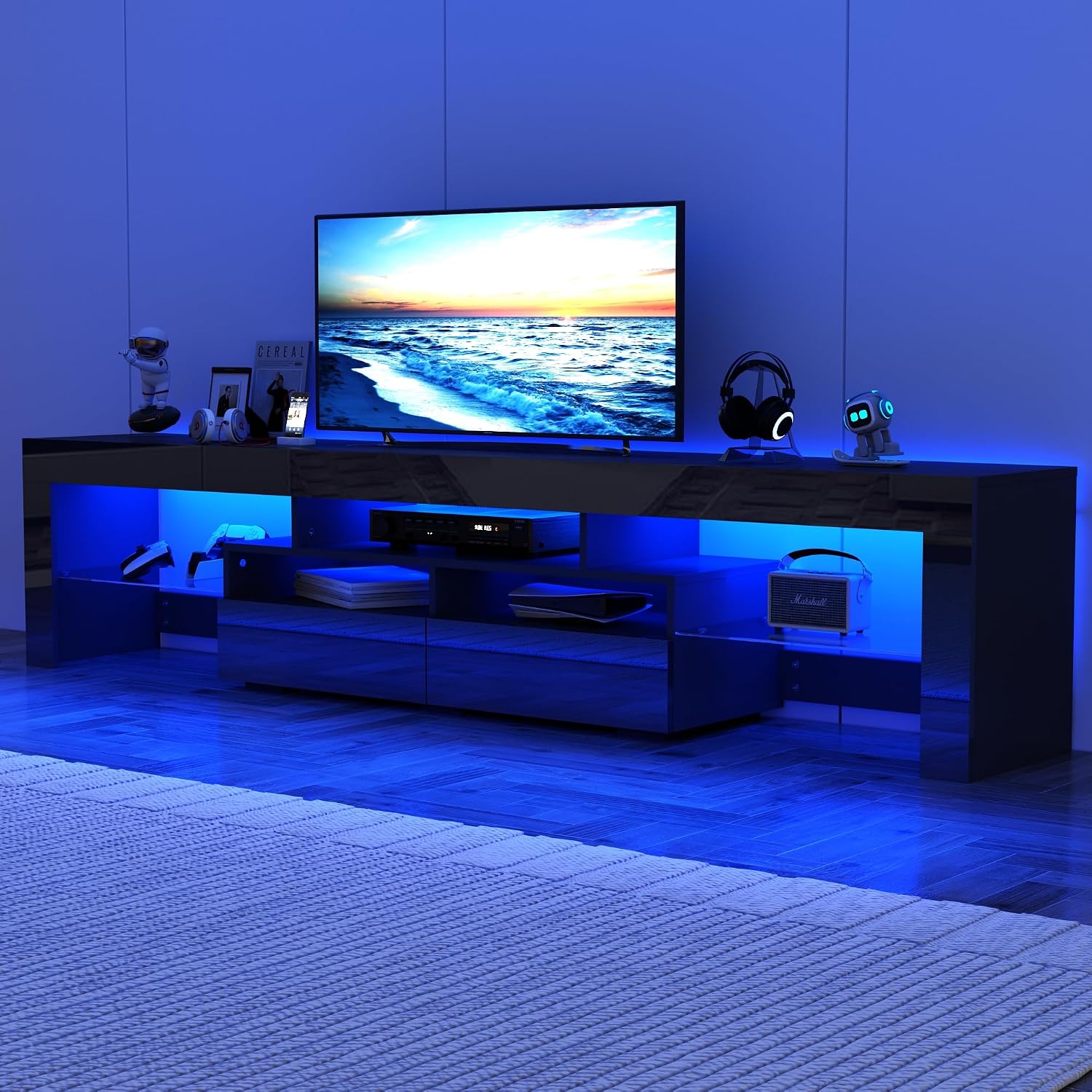 St.Mandyu 86IN LED TV Stand for 90/100 inch TV, High Glossy Modern Entertainment Center with Drawer and Led Lights, Television Table Media Console for Living Game Room Bedroom, Black