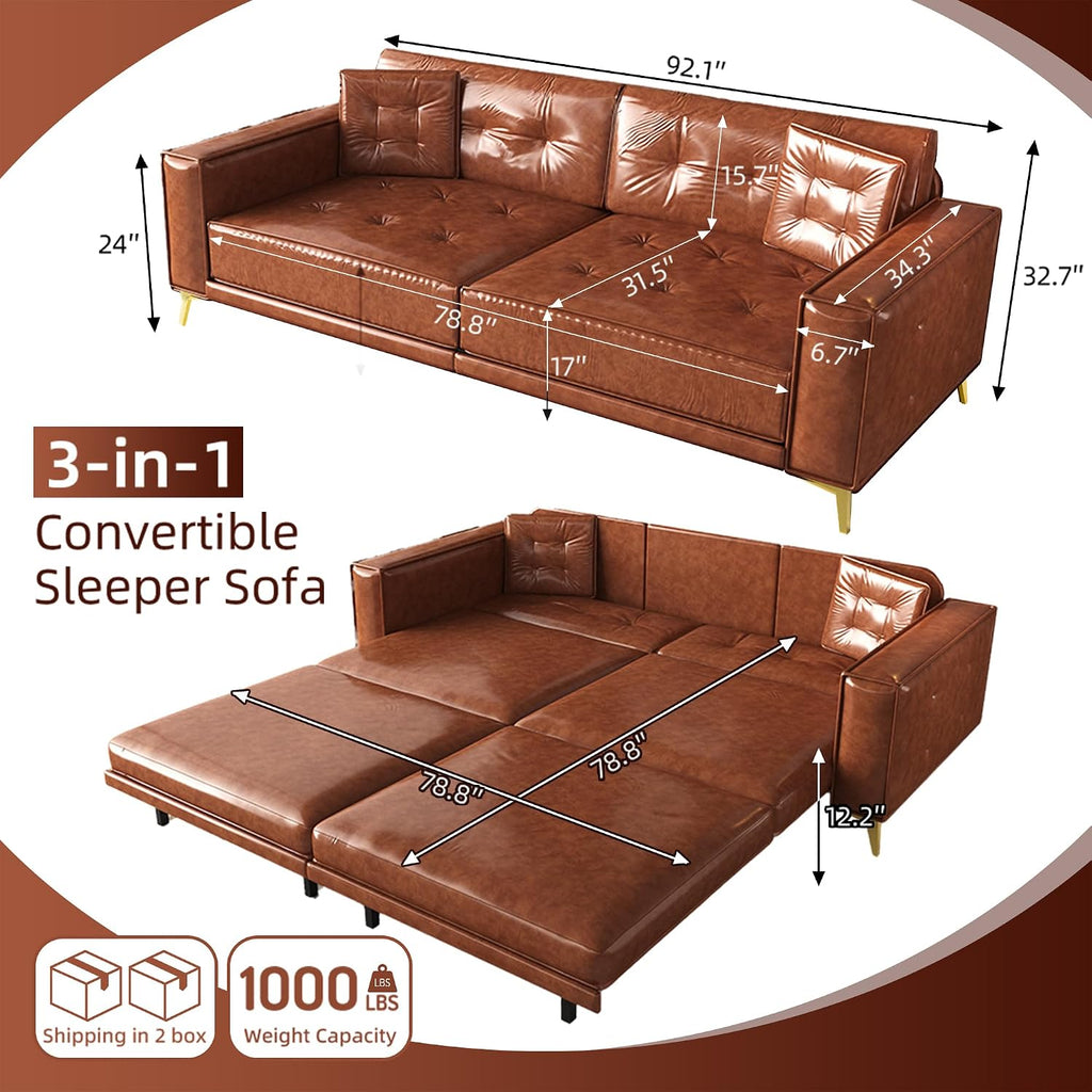92.1'' Pull Out Sofa Bed King, Faux Leather Futon Couch, 3-in-1 Convertible Sleeper Sofa with Tufted Back, Gold Furniture Legs, Deep Loveseat for Living Room, Apartment, Office, Light Brown