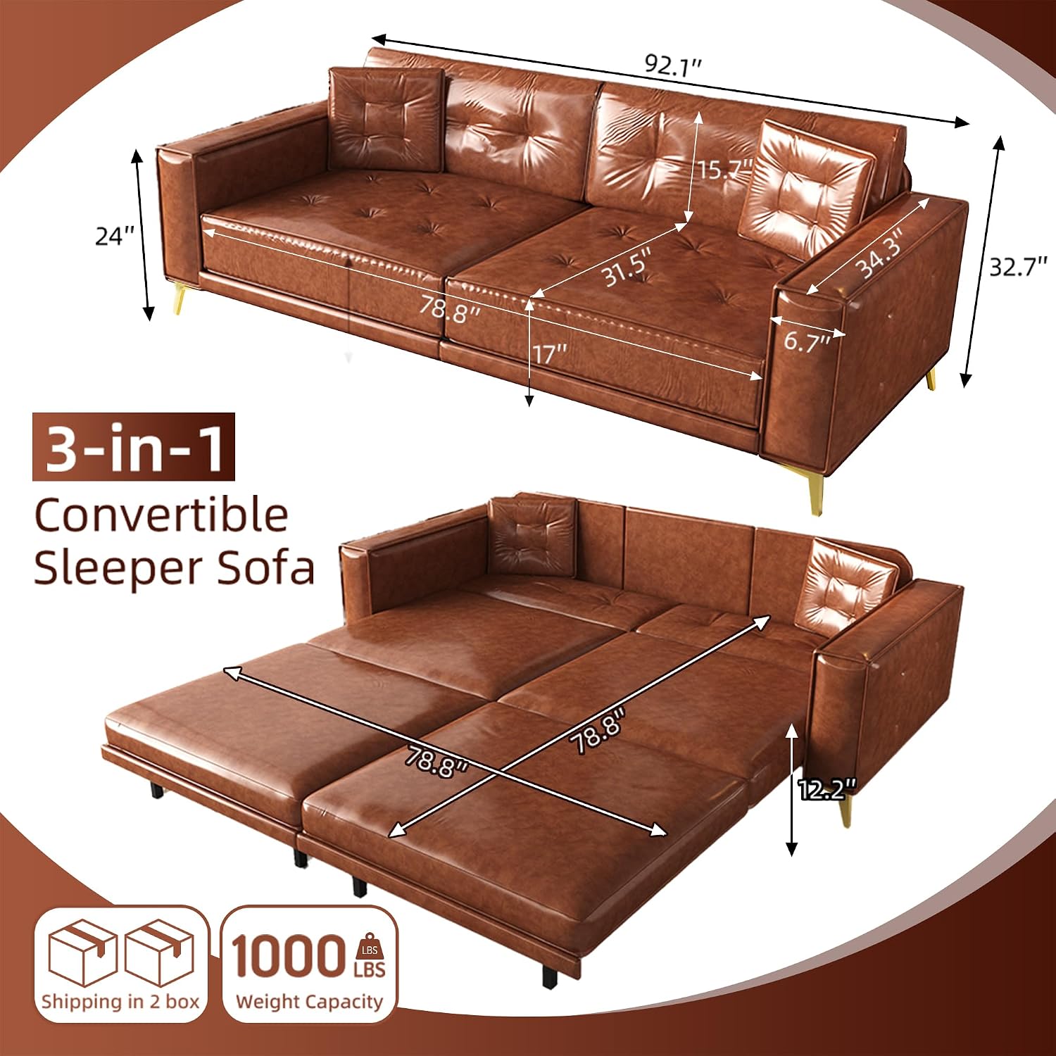 92.1'' King Pull Out Sofa Bed, Convertible Futon Couch, 3-in-1 Faux Leather Sleeper Sofa with Tufted Back, 2 Pillows, Gold Legs, Deep Folding Loveseat for Living Room, Apartment, Light Brown