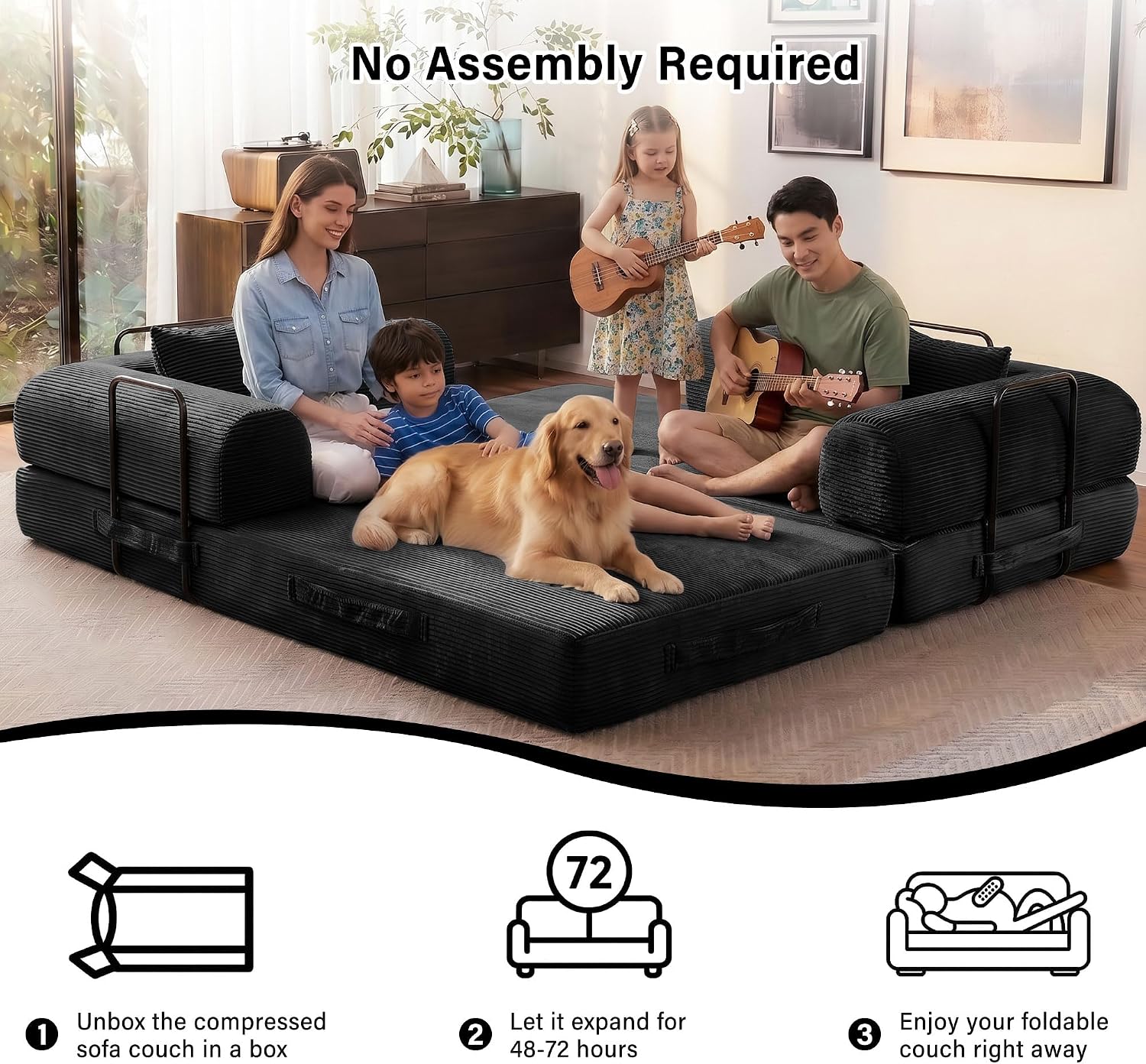 79' Convertible Sofa Bed, 5-in-1 Corduroy Boneless Couch Bed Sofa Pull Out, Memory Foam Couch, No Assembly Futon Couches for Living Room (Black)