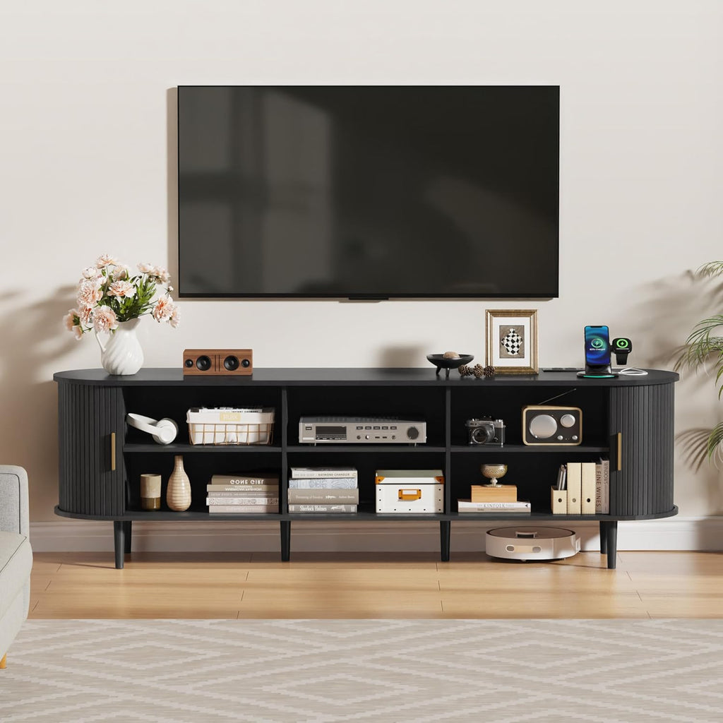 DHH 70.8 Inch Mid Century Modern TV Stand with Power Outlet for TVs up to 80 Inch, Entertainment Center with Storage and Adjustable Shelves, Media Console with Sliding Doors for Living Room, Black