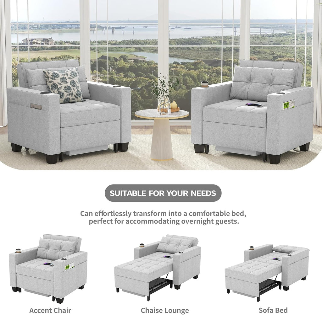 DURASPACE 36.6' Futon Chair Bed Convertible Chair 3-in-1 Pull Out Sleeper Reading Chair Beds with USB, Armchair Sleeper Bed for Living Room, Dorm, Small Space (Light Gray Linen)
