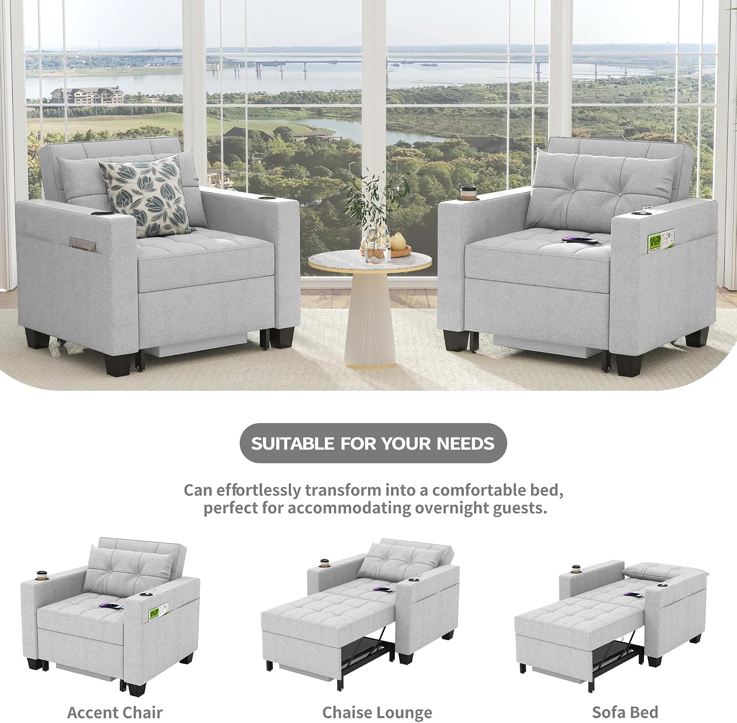 DURASPACE 36.6' Futon Chair Bed Convertible Chair 3-in-1 Pull Out Sleeper Reading Chair Beds with USB, Armchair Sleeper Bed for Living Room, Dorm, Small Space (Light Gray Linen)