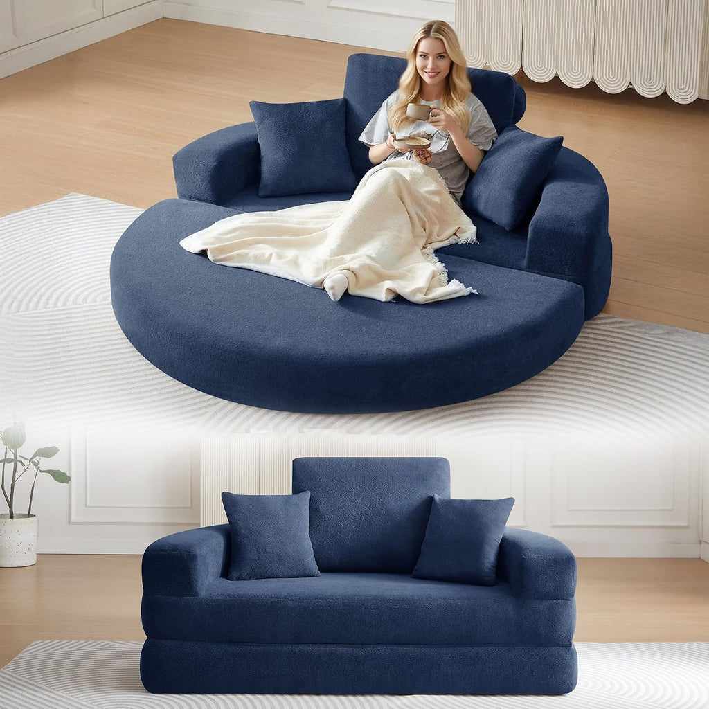 71' Boneless Couch Sofa Bed Oversized Round Couch 2-in-1 Foldable Floor Loveseat Sofa for Living Room and Apartment No Assembly.(Blue, 71')