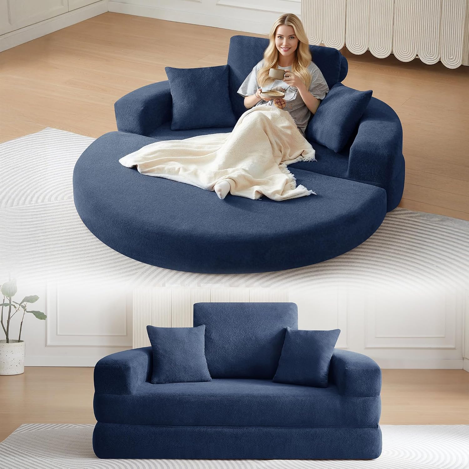 71' Boneless Couch Sofa Bed Oversized Round Couch 2-in-1 Foldable Floor Loveseat Sofa for Living Room and Apartment No Assembly.(Blue, 71')