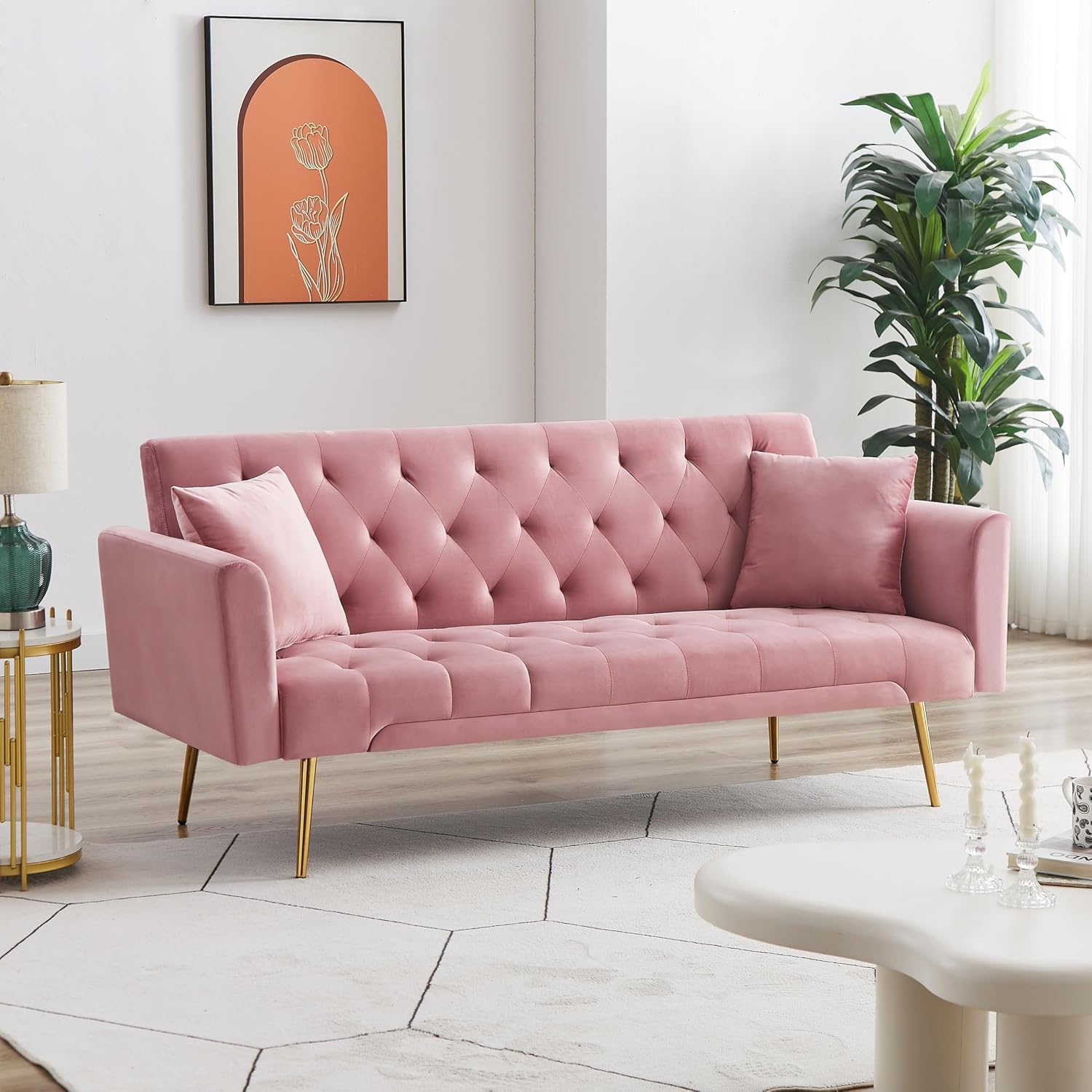 71.65'' Convertible Sofa Bed Modern Futon Set, Velvet Foldable Reclining Loveseat, Three Adjustment Angles,Mid Century Modern Couches for Living Room/Bedroom/Apartment, Easy Assembly,Pink