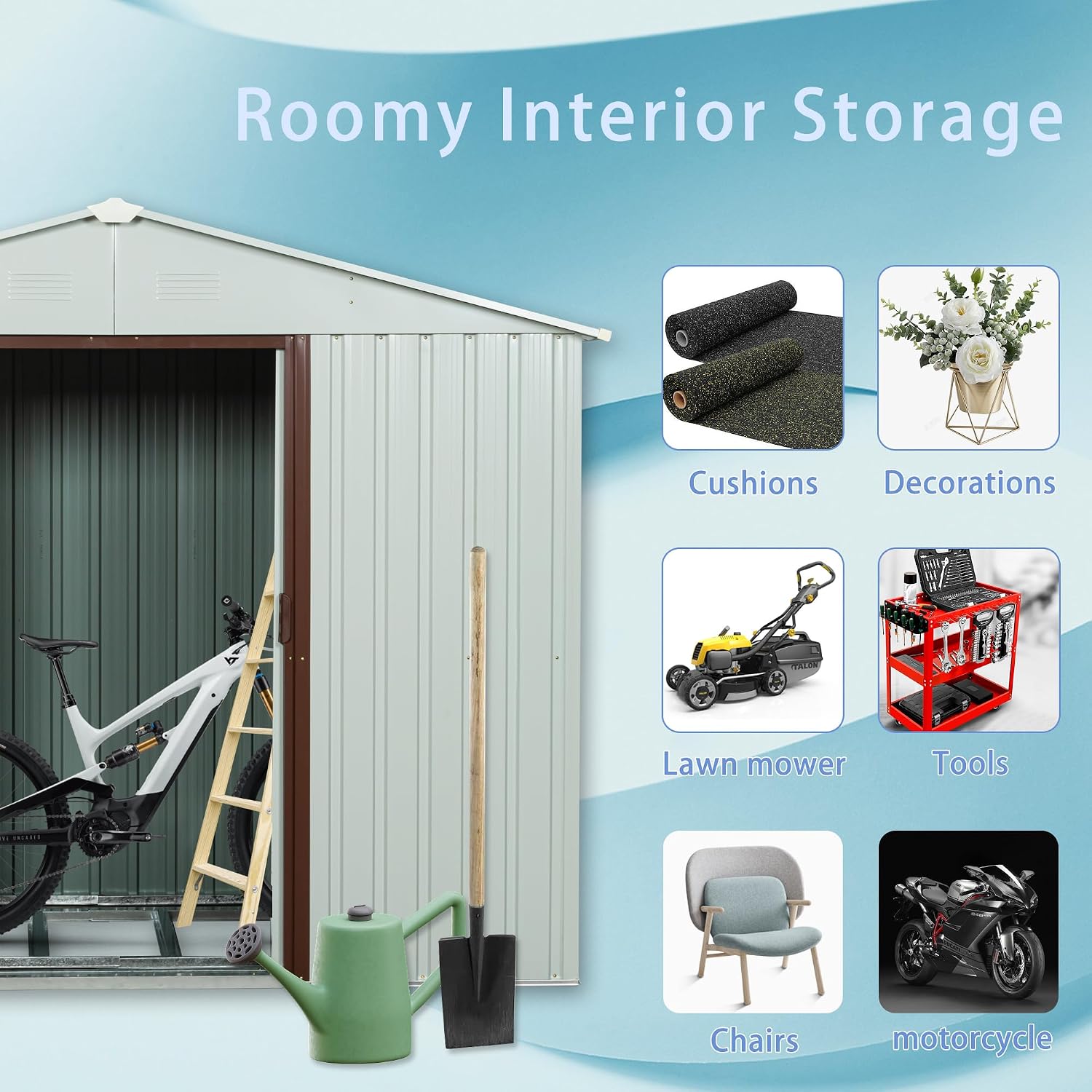 BNSPLY 6x5 FT Outdoor Storage Shed, Metal Garden Shed with Floor Frame, Tool Shed Outdoor Storage with Lockable Sliding Doors & Window & Air Vents, Storage House Waterproof for Backyard, Lawn, White
